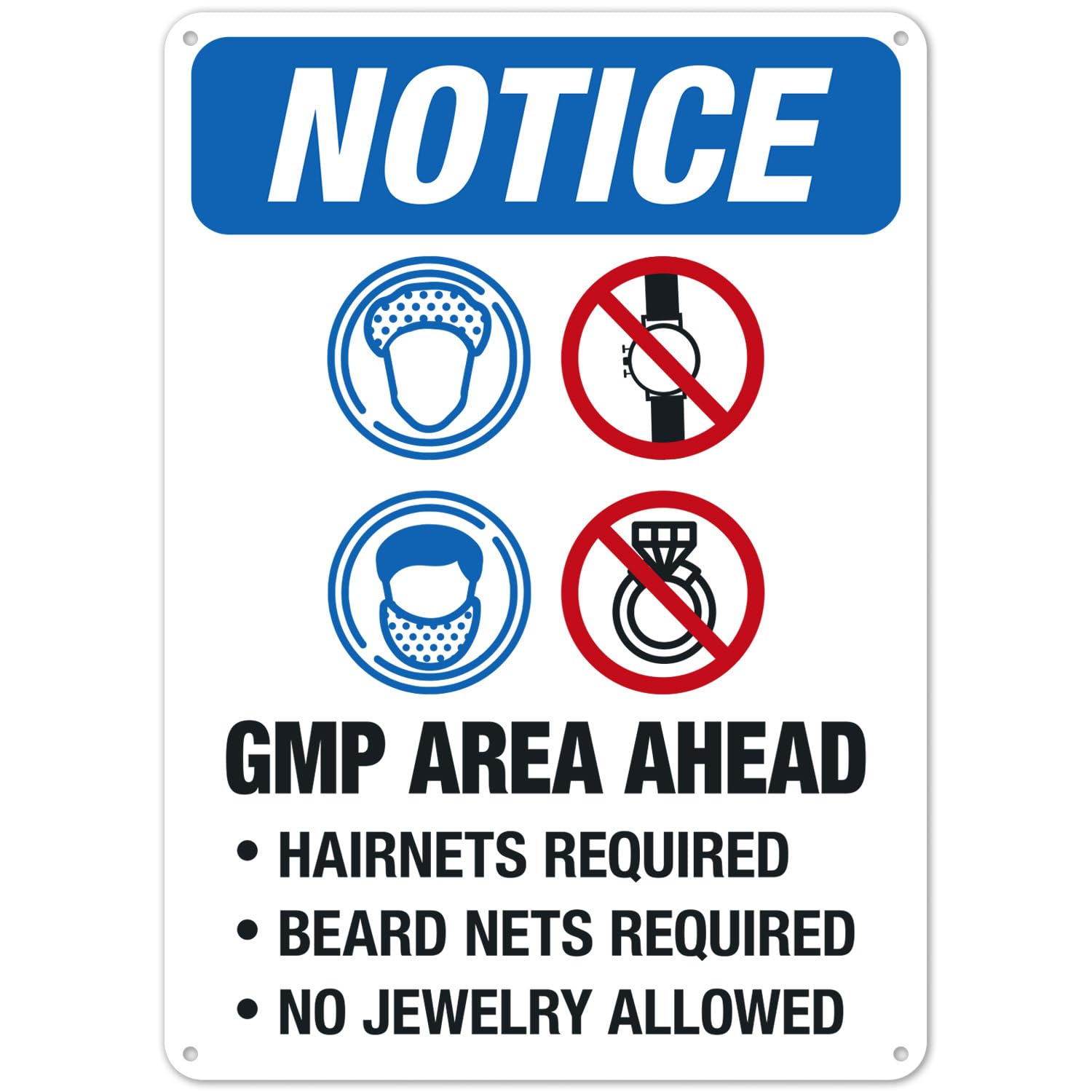 GMP Area Notice, Hairnets, Beard Nets Required, No Jewelry, Metal Tin Sign 12 x 8 Inch for Workshop