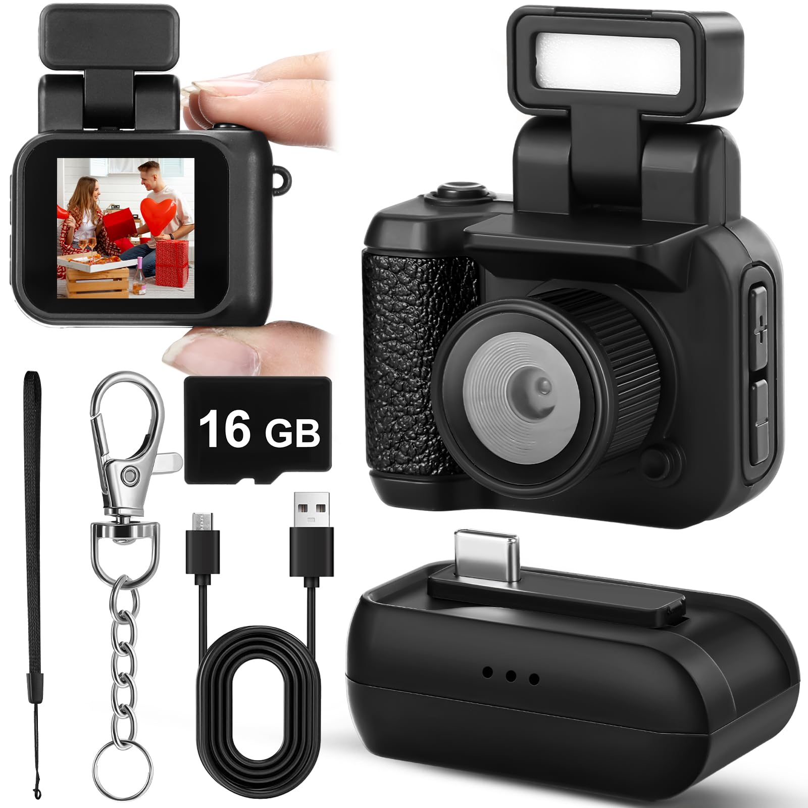 16 Gb Mini Keychain Camera with Flash Light 1080p Tiny Pixel Camera Small Retro Camera Micro Video Camera Camcorder Portable Chain Camera with 600 Mins Battery Life for Travel Study Recording