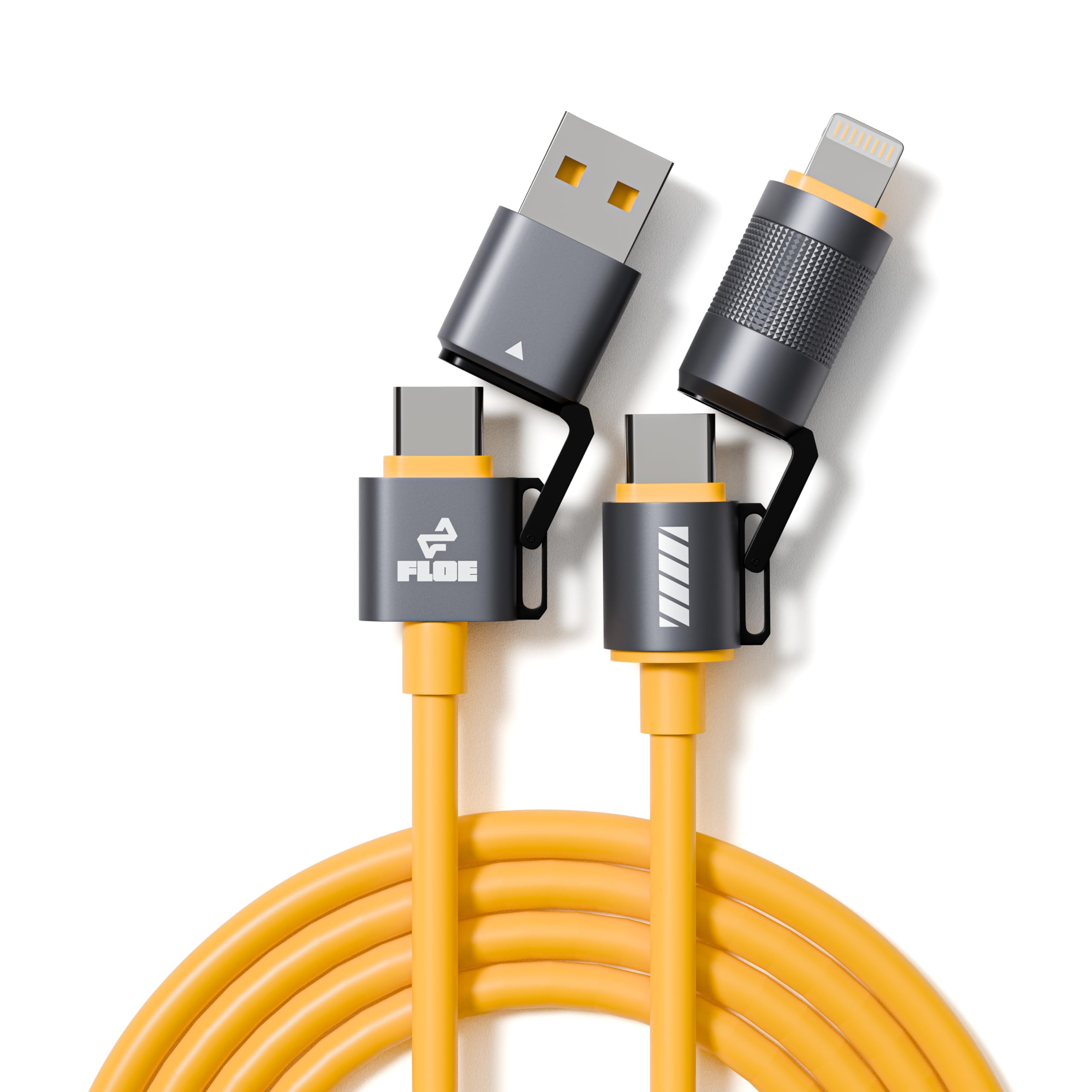 FLOE Hyperquad 4-in-1 USB-A, USB-C, Micro USB, and Cable for Apple Lightning Devices, 240W PD Charging for USB-C Devices, 5ft Anti-Tangle Silicone, Compatible with Android, iOS, Laptops