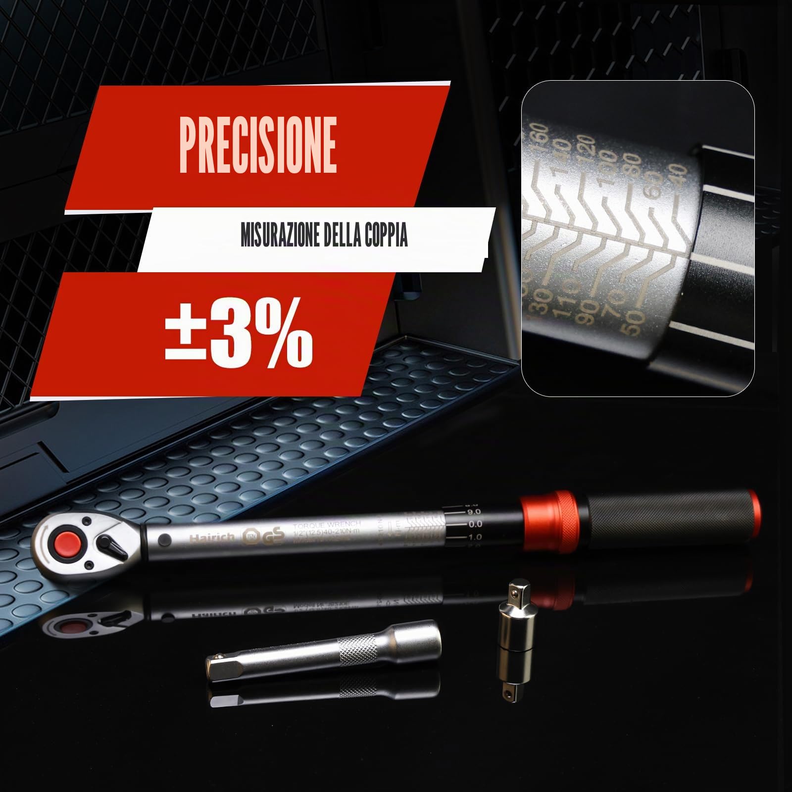 Hairich Chiave dinamometrica 1/2 pollici, 40-210 Nm per bicicletta e moto, chiave dinamometrica, set da 6 pezzi, con asta di prolunga da 125 mm, adattatore da 1/2"-3/8", 3 bussole per il