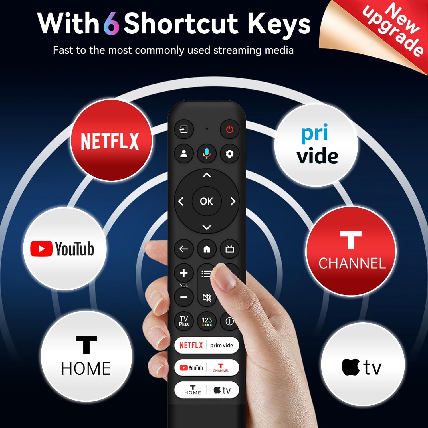 Image highlighting the six shortcut keys on the SMATAR RC813 remote control for Netflix, Prime Video, YouTube, T-Channel, T-Home, and Apple TV.