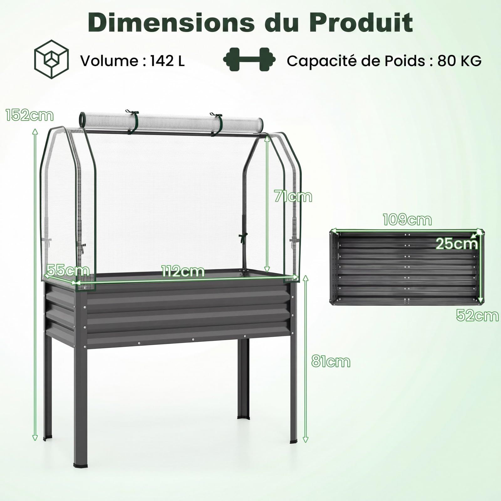 COSTWAY Jardinière Surélevée en Métal avec Serre (Gris) | Carré Potager avec Bâche de Protection, Mini Serre Extérieure avec Porte Zippée Enroulable pour Légumes Plantes Fleurs