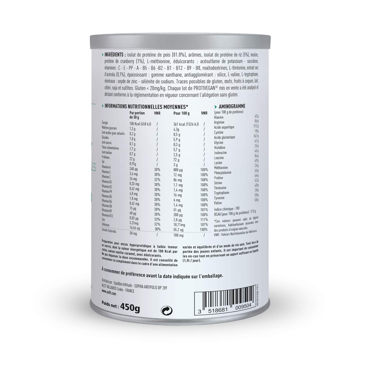 EAFIT Protivegan - Vanille Caramel - 450 g - 15 en-cas Protéines végétales - Tri sources - SANS GLUTEN - SANS COLORANT ARTIFICIEL - SANS CONSERVATEUR