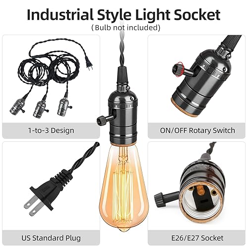 Miniatura 3 de Enchufe de luz vintage colgante cable de luz con interruptores E26E27 sólido industrial triple lámpara enchufes cable para