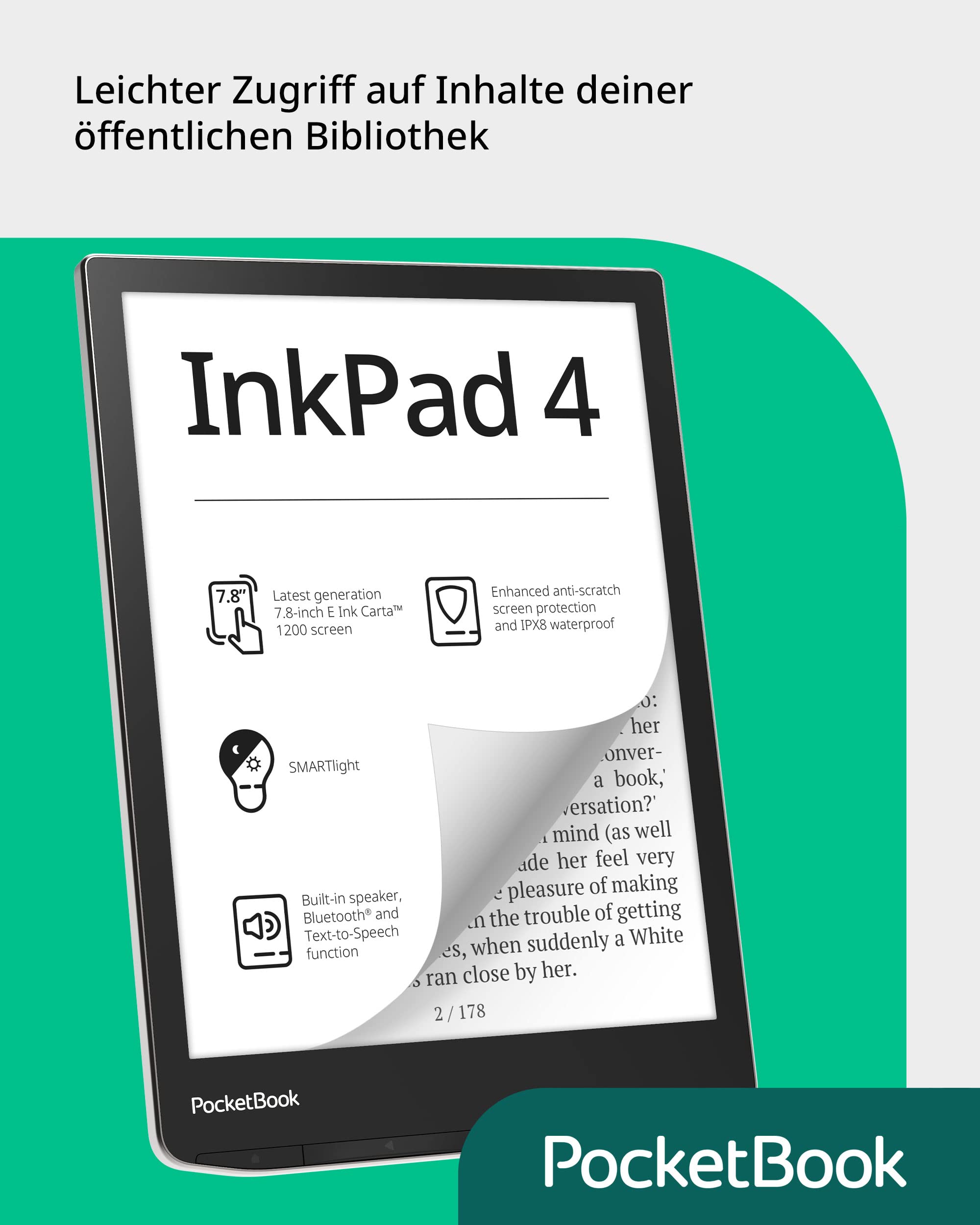 PocketBook E-Book InkPad 4 (versión Alemana) 32 GB de Memoria, Pantalla táctil E-Ink Carta 1200 7,8" (19,8 cm), Color Plateado