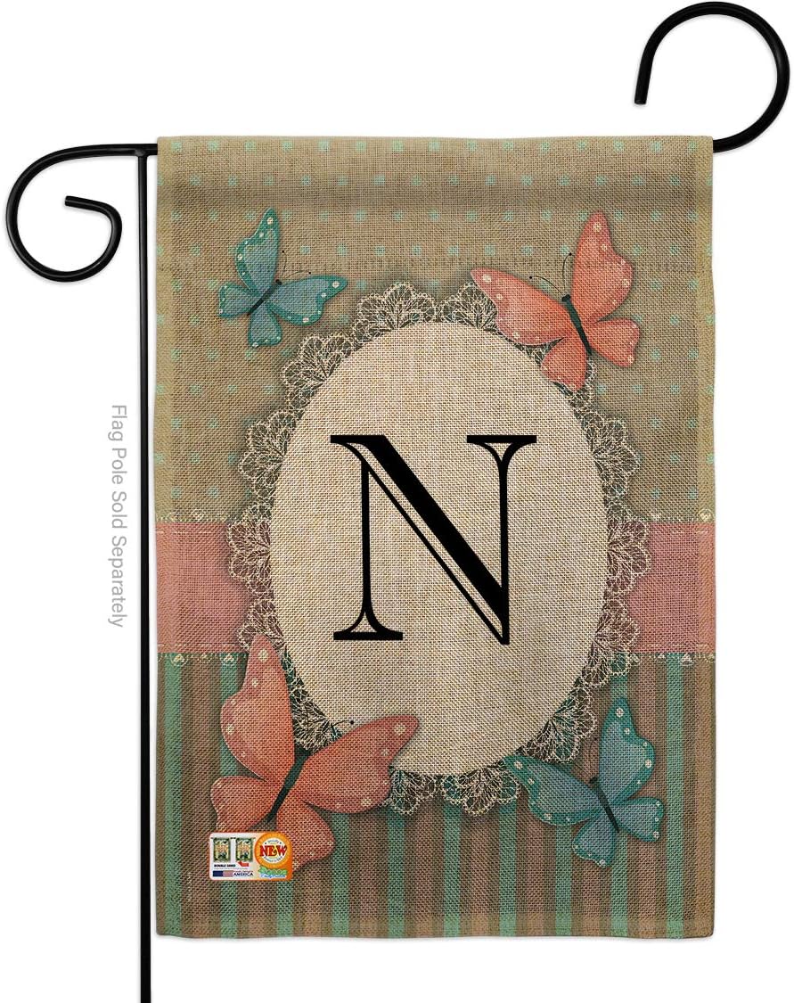 Butterflies N Initial Burlap Garden Flag Monogram Friends Butterfly Ladybugs Dragonfly Bee Springtime Insect Natural Wildlife Small Decorative Gift Yard House Banner Double-Sided Made In USA 13 X 18.5