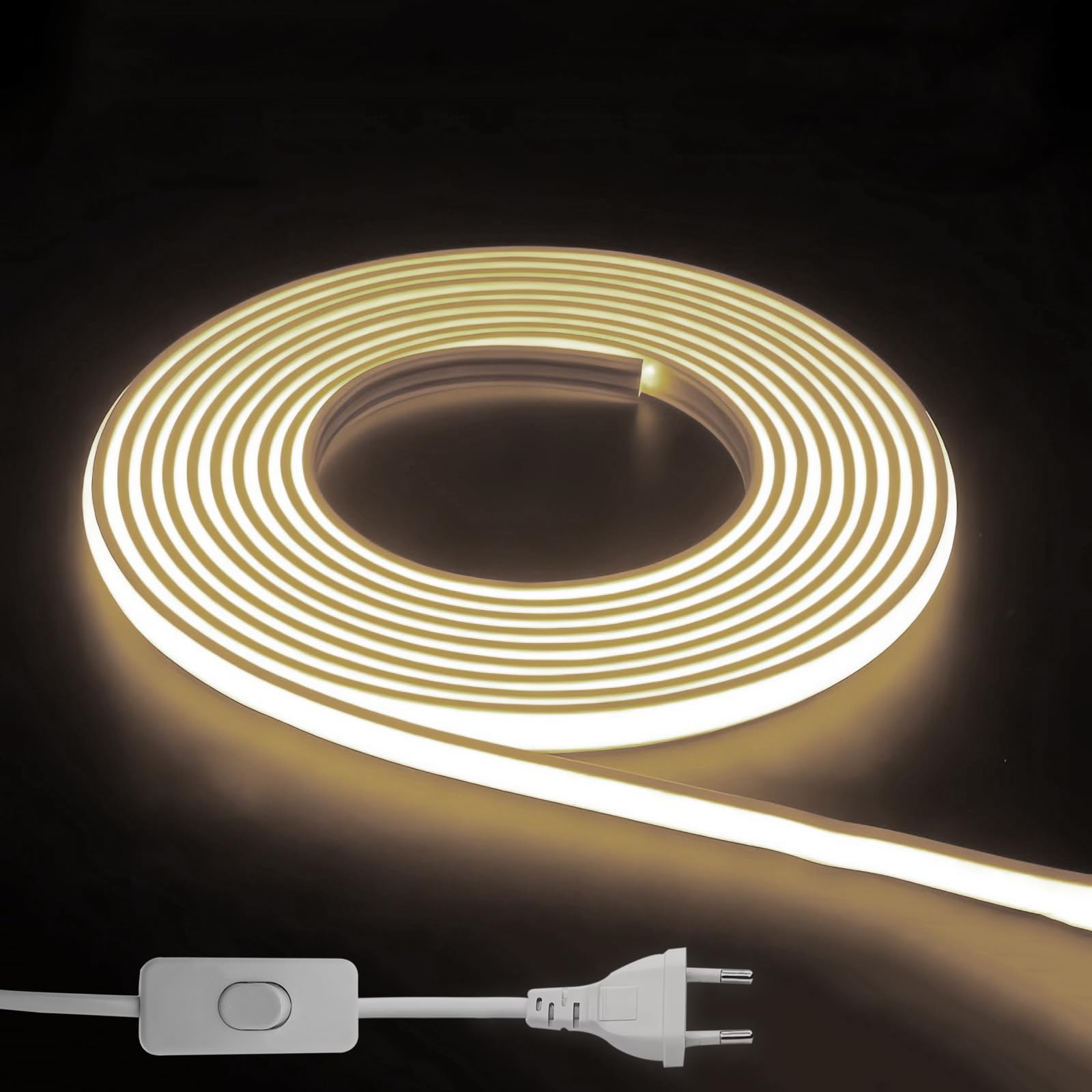 Striscia LED COB 220V IP65,per Interni ed Esterni(3000K, led striscia 10m) | 240 LED/m per una luce continua da circa 780 lm/m con consumo di 10 W/m; flessibile e adatta a cucina, camera, bar e terrazza