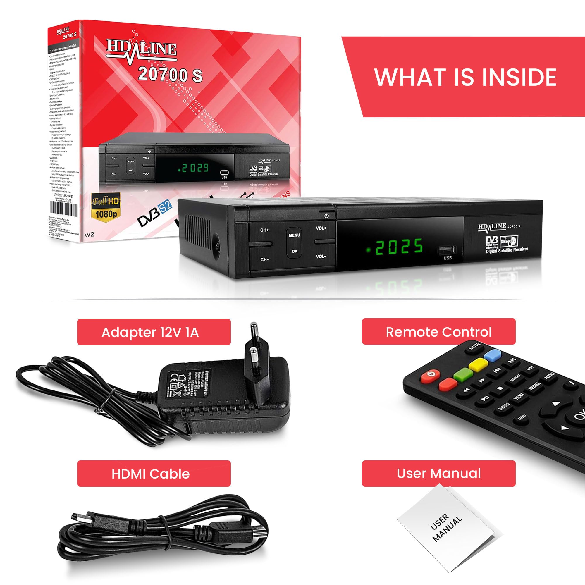 Receptor de satélite HD-Line 20700 HD DVB-S2 HD para Receptor de satélite Digital (DVB-S/S2, HDMI, SCART, 2 Puertos USB 2.0, 1080p) (preprogramado para Astra Hotbird y Türksat)