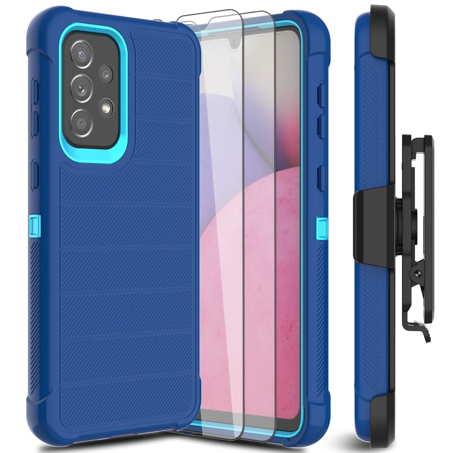 Leptech for Samsung Galaxy A33 5G Phone Case with Glass Screen Protector, [Holster Series] Belt Clip Protective Hard Tough Full Heavy Duty Rugged Military Shockproof Armor Cell Phone Cover (Blue)