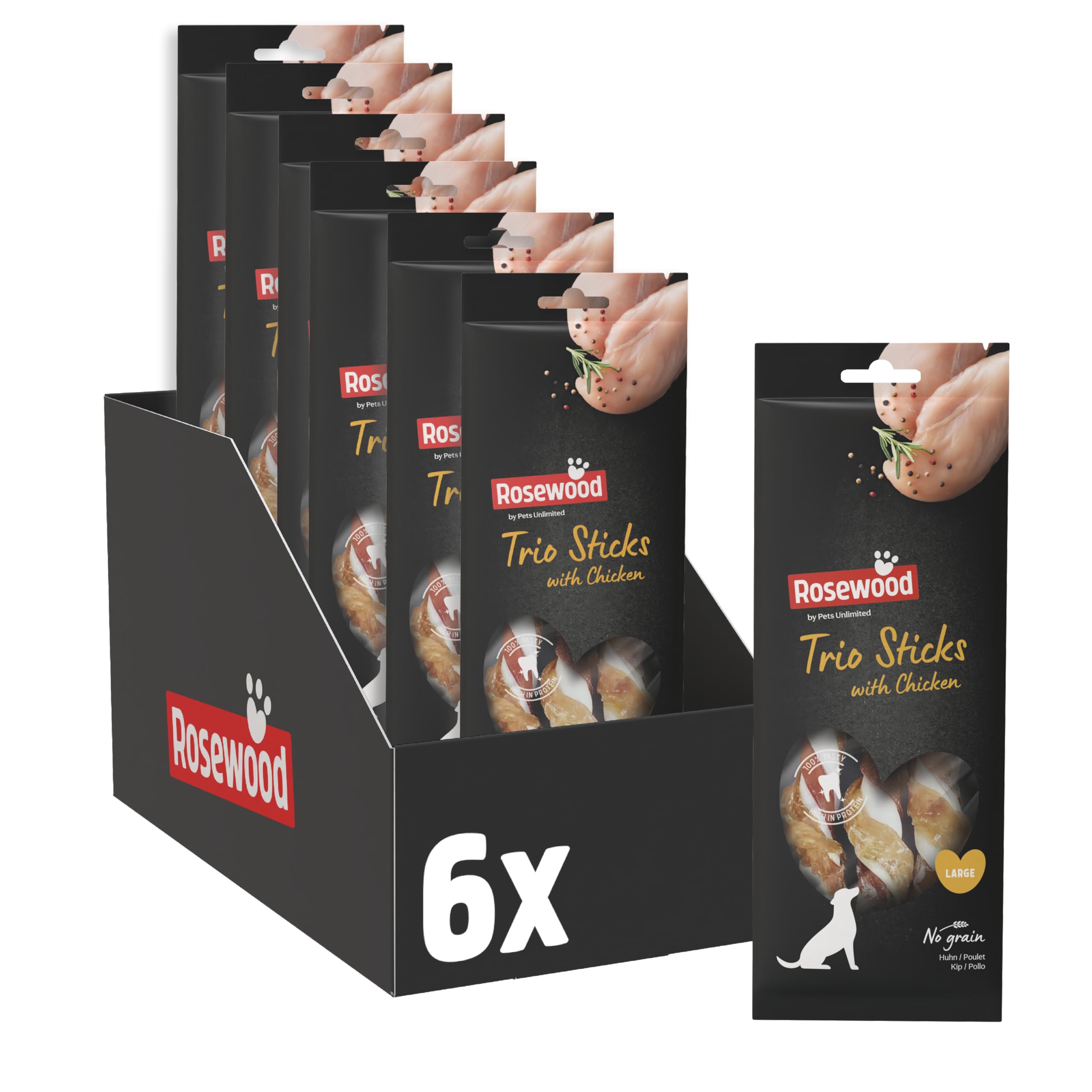 Rosewood Trio Sticks Pollo Petit - Palitos de Masticar firmes para Perros pequeños de Piel de Carne y Pollo, para Cuidado Dental, sin Gluten, Cereales y aditivos Artificiales, Juego de 6 x 100 g