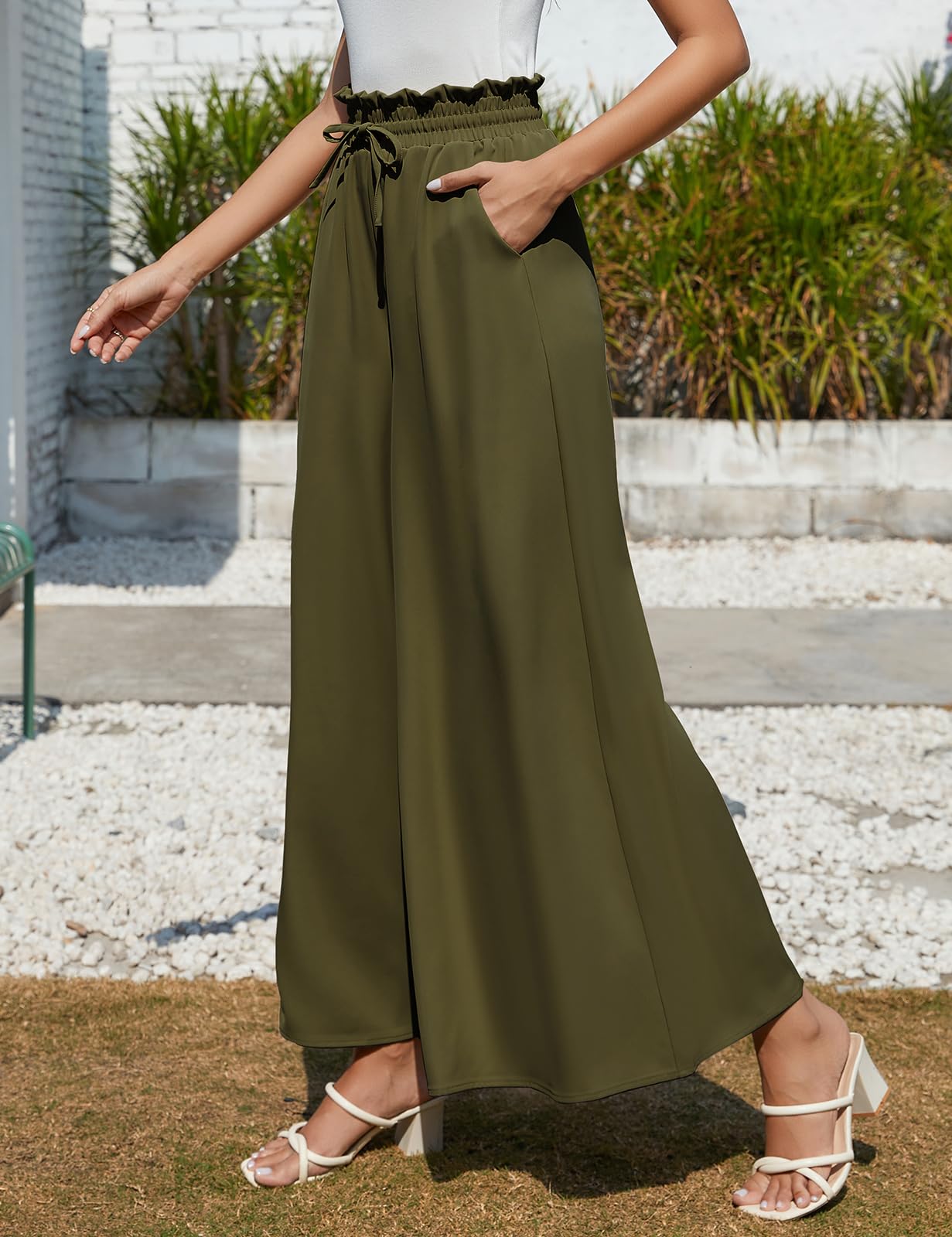 Voqeen Pantaloni da Donna Estivi a Vita Alta Casual a Gamba Larga con Tasca a Coulisse per Il Tempo Libero, Il Lavoro e L'Ufficio
