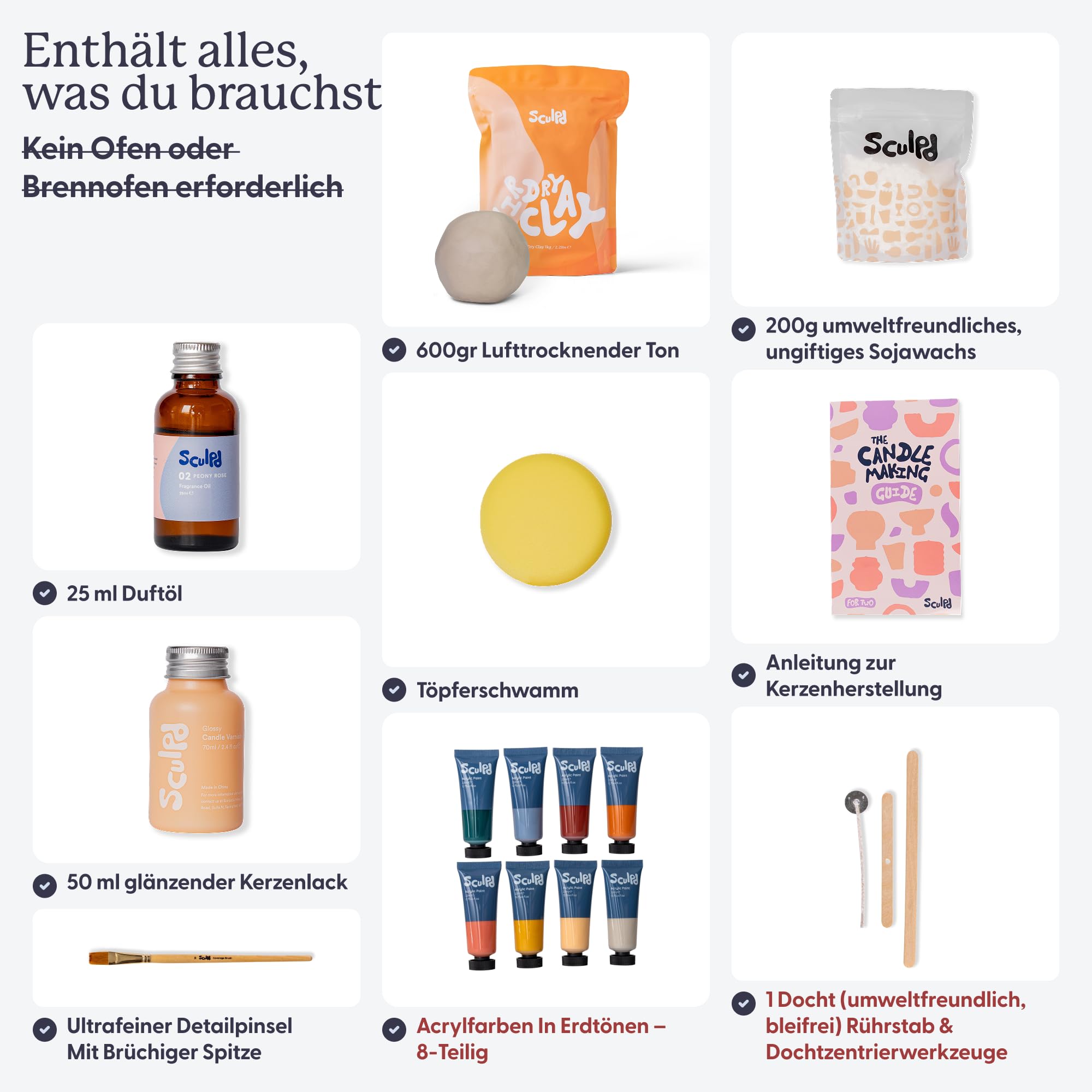 Sculpd Kerzenherstellungs-Set, 1 Kerze, Pfingstrosenduft, Erdtöne | Lufttrocknendes Ton-Set mit Acrylfarbe, ungiftiges Öko-Sojawachs, Kerzenglasur, Werkzeuge und Anleitung, für Erwachsene