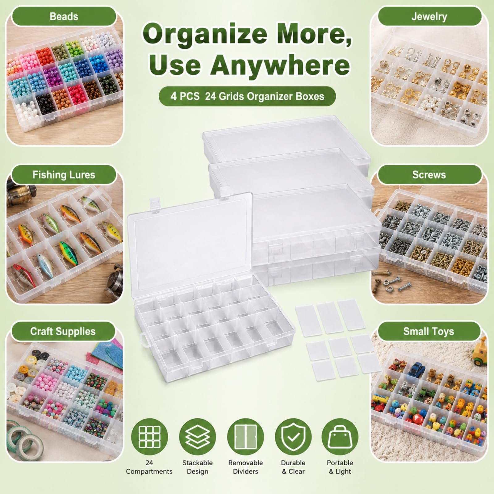 Confezione da 4 grandi scatole organizer in plastica a 24 scomparti con divisori – organizer a 24 scomparti, organizer trasparente per attrezzatura e artigianato con divisore regolabile rimovibile,