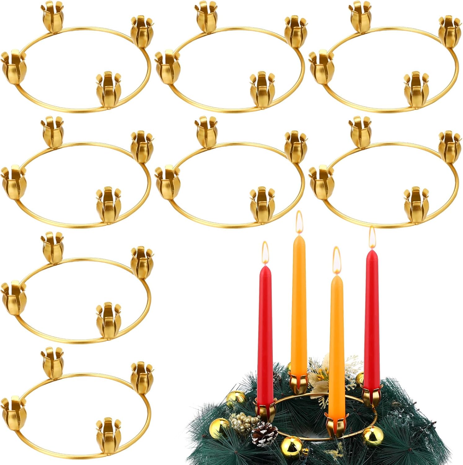 Sliner 8 Pcs Christmas Flower Advent Wreath Ring Taper Gold