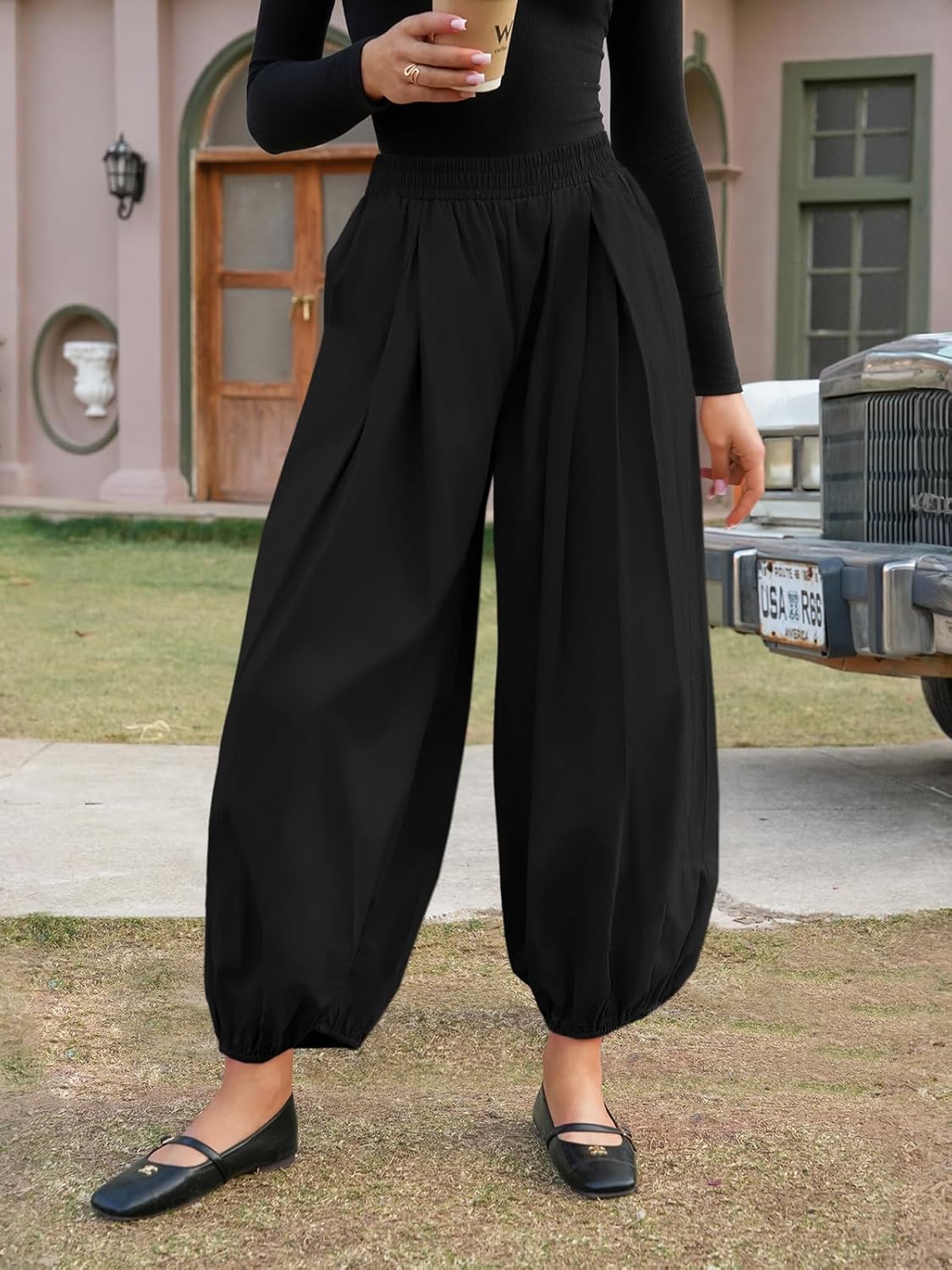 Fisoew Womens Wide Leg Balloon Pants Casual Barrel Elastic Waist Pleated Baggy Workout Sweat Pants with Pockets
