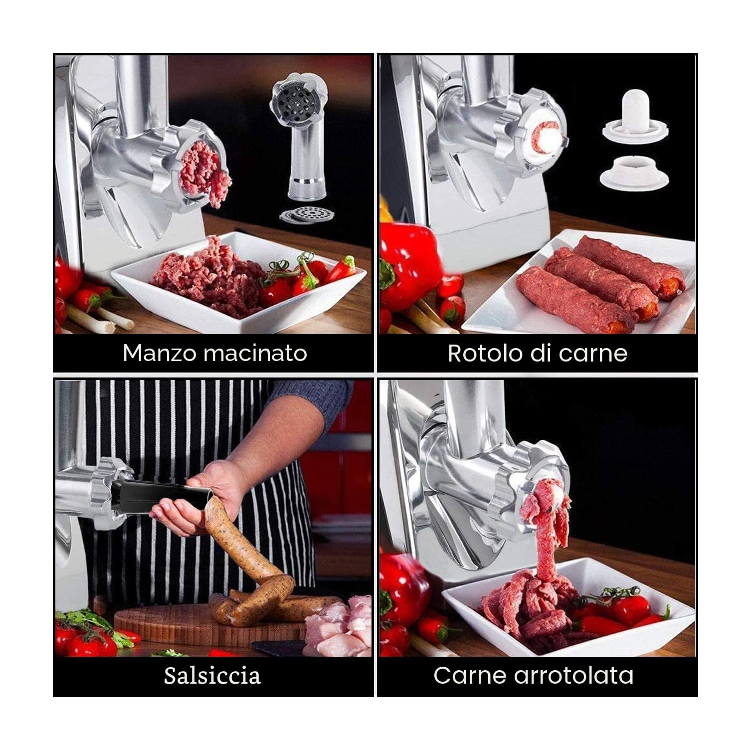 Edihome, Tritacarne Elettrico, Tritacarne Professionale, 2200W, Multifunzionale con 3 Piastre di Taglio e Ripieno per Salsicce (Nero/Bianco)