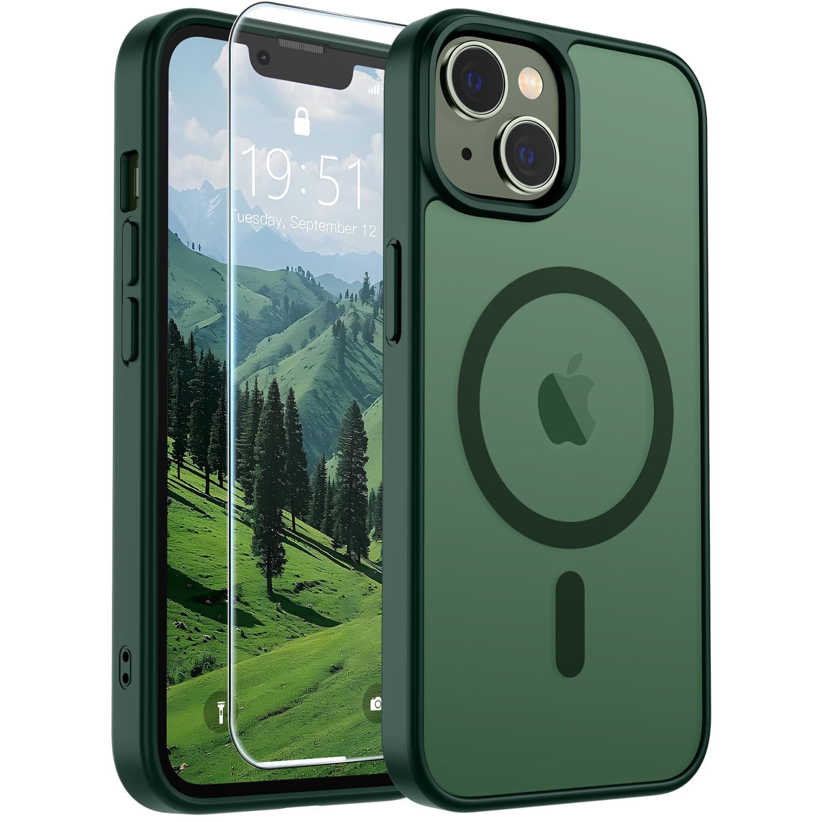 SUPFINE Magnetic for iPhone 14 Plus Case/iPhone 15 Plus Case Forest Green | With Screen Protector, Translucent Matte, Compatible with MagSafe, Military Grade Drop Proof, Rugged Shockproof Protective