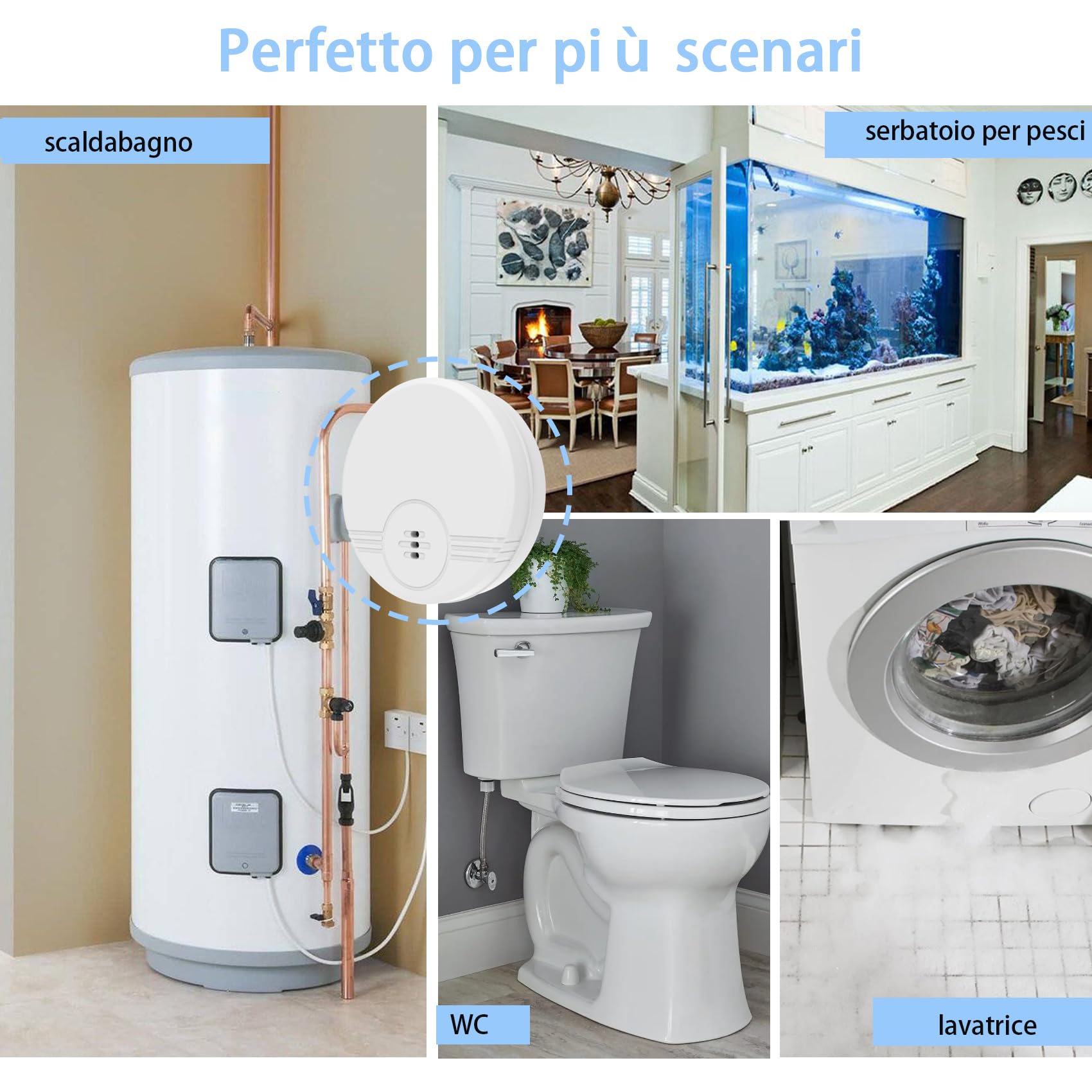 Rilevatore di perdite d'acqua 2 Pack, Sensore allagamento ,Sensore acqua con Batteria 135dB allarme rivelatore di allagamento per scantinati, bagni, lavanderie, cucine, garage e soffitte