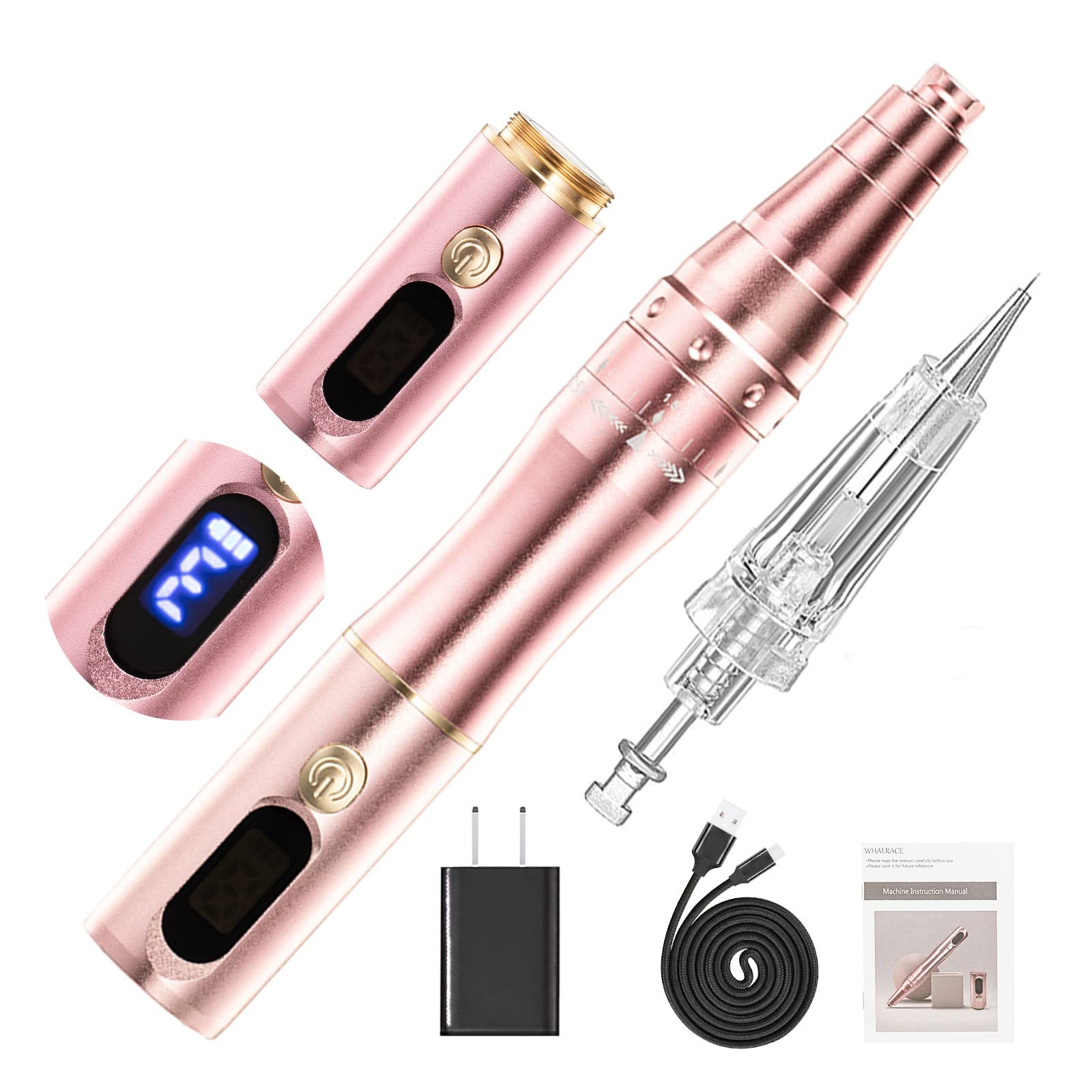 PMU Machine with Digital Screen, Cordless Permanent Makeup Machine, Tattoo Machine Kit with 2 Lithium Batteries, 10pcs PMU Needles Microblading Machine - Rose Gold