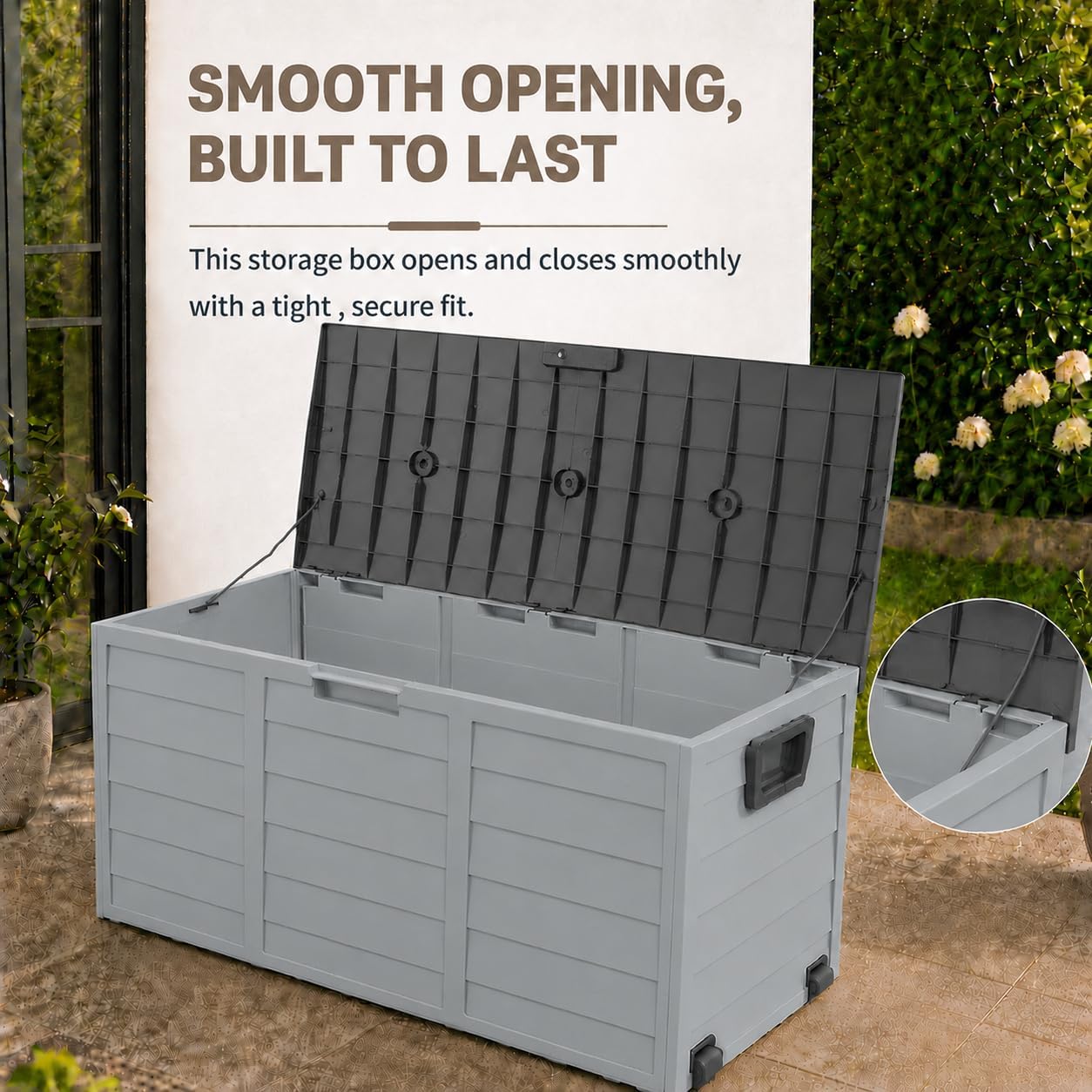 75 Gallon Resin Deck Box, Waterproof Outdoor Storage Box with Wheels, Lockable Lid and Handles, Large Deck Storage for Outdoor Gear, Patio Furniture Cushion, Gardening Tools, Grey