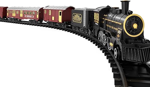 TEMI Juego de tren para niños de 3 a 12 años, locomotora eléctrica clásica con vapor, luz y sonidos, modelo recargable, kit de trenes de juguete con
