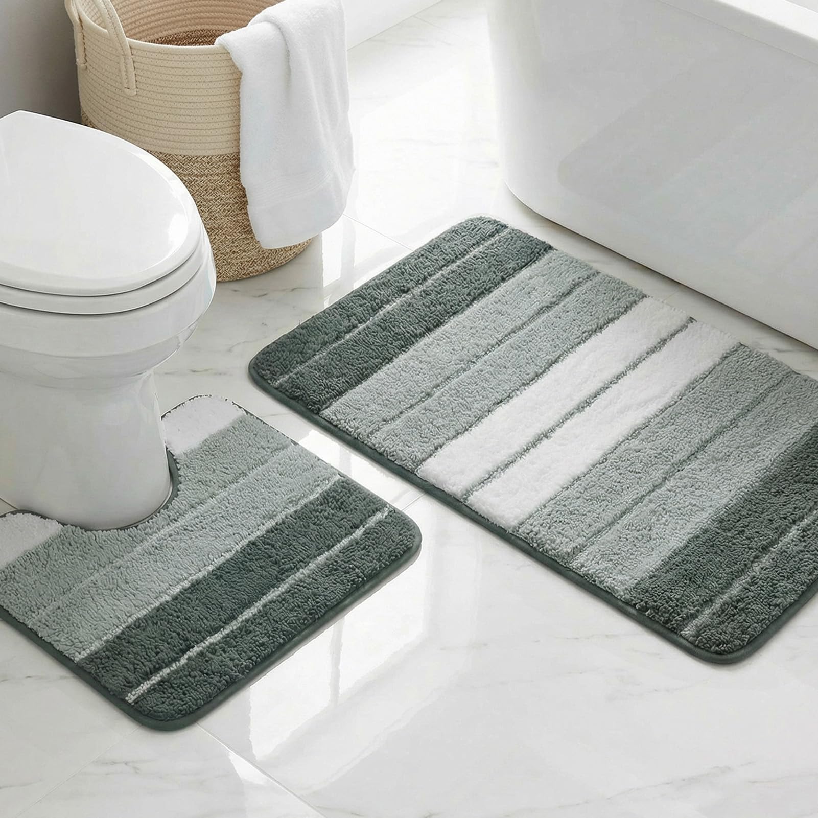 LUSCHEER 2 Piece Bath Mat Set, Extra Soft Absorbent Microfiber Non Slip Rug and Toilet Mat, Water Absorbent Machine Washable for Bathroom Floor (Grey, 80 x 50 cm + U Shaped 50 x 40 cm)