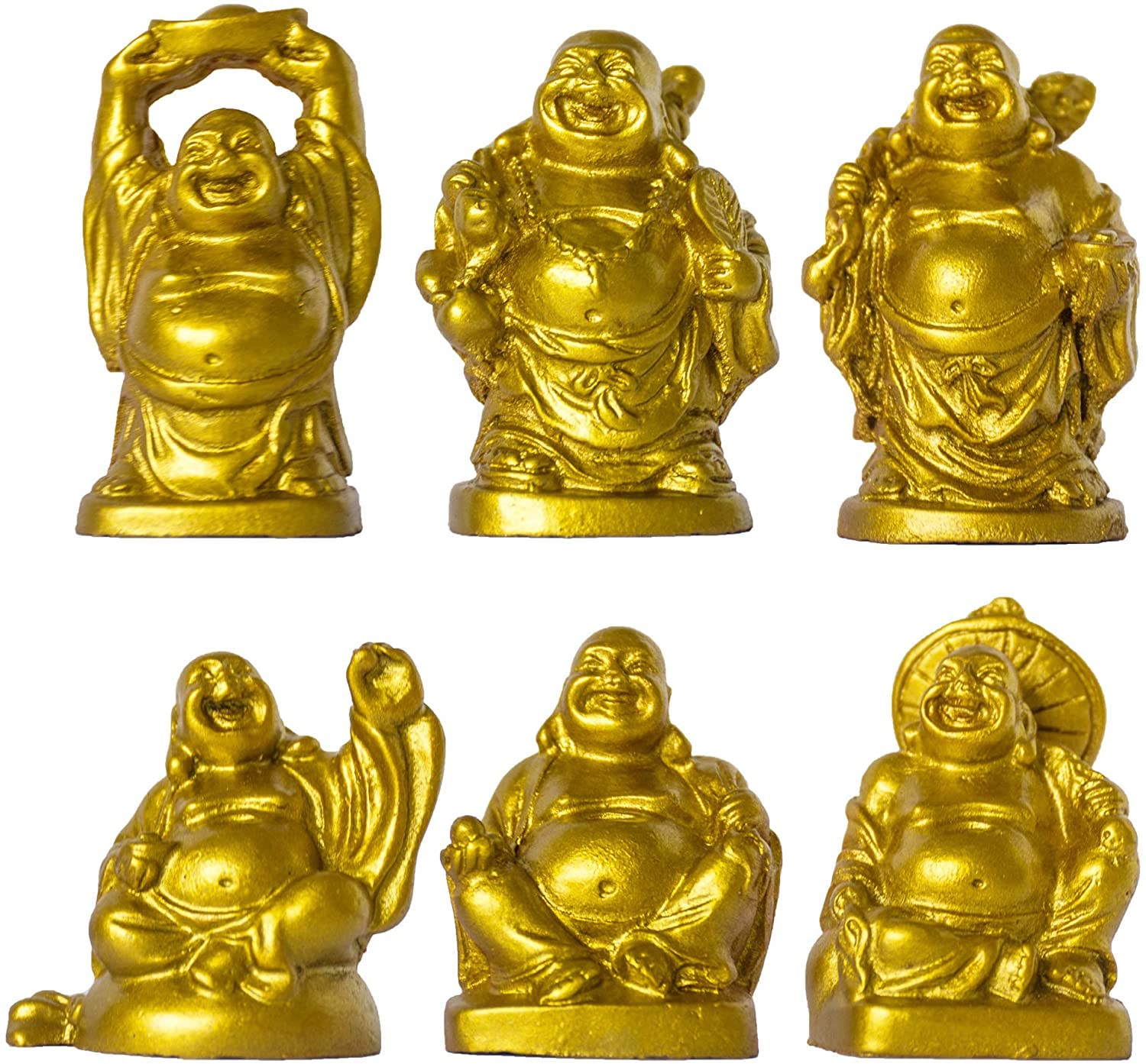 Addune Set of 6 Laughing Happy Buddha Statue Resin Figurines Feng Shui for Luck Wealth Good Gift and Collection (2'', Gold)