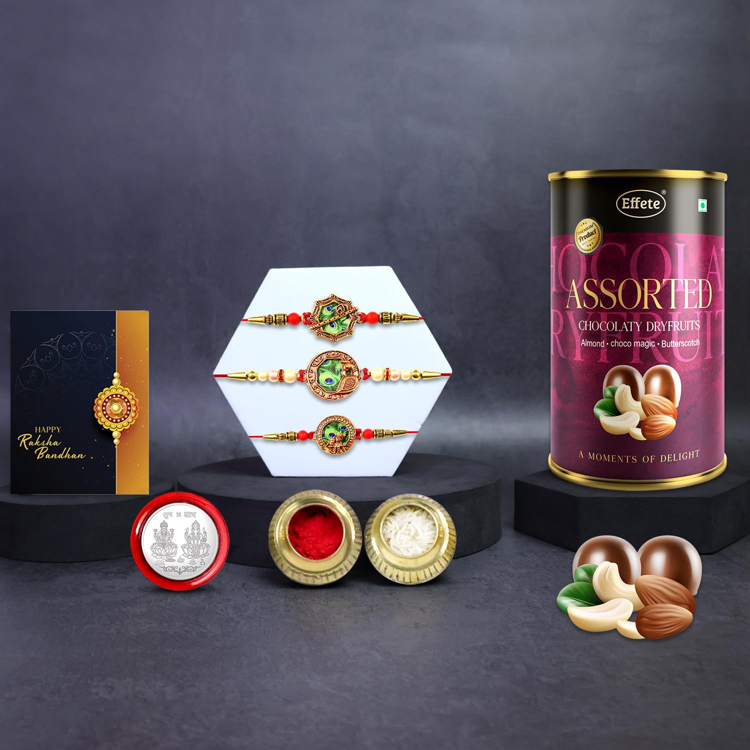 DeoDap Chocolate with Rakhi Set for Brother - Multi Design & Multicolour Rakhi Set of 3 with Assorted Chocolate (96 GM), Silver Colour Coin & Greeting Card, Traditional Raksha Bandhan Combo for Bhai