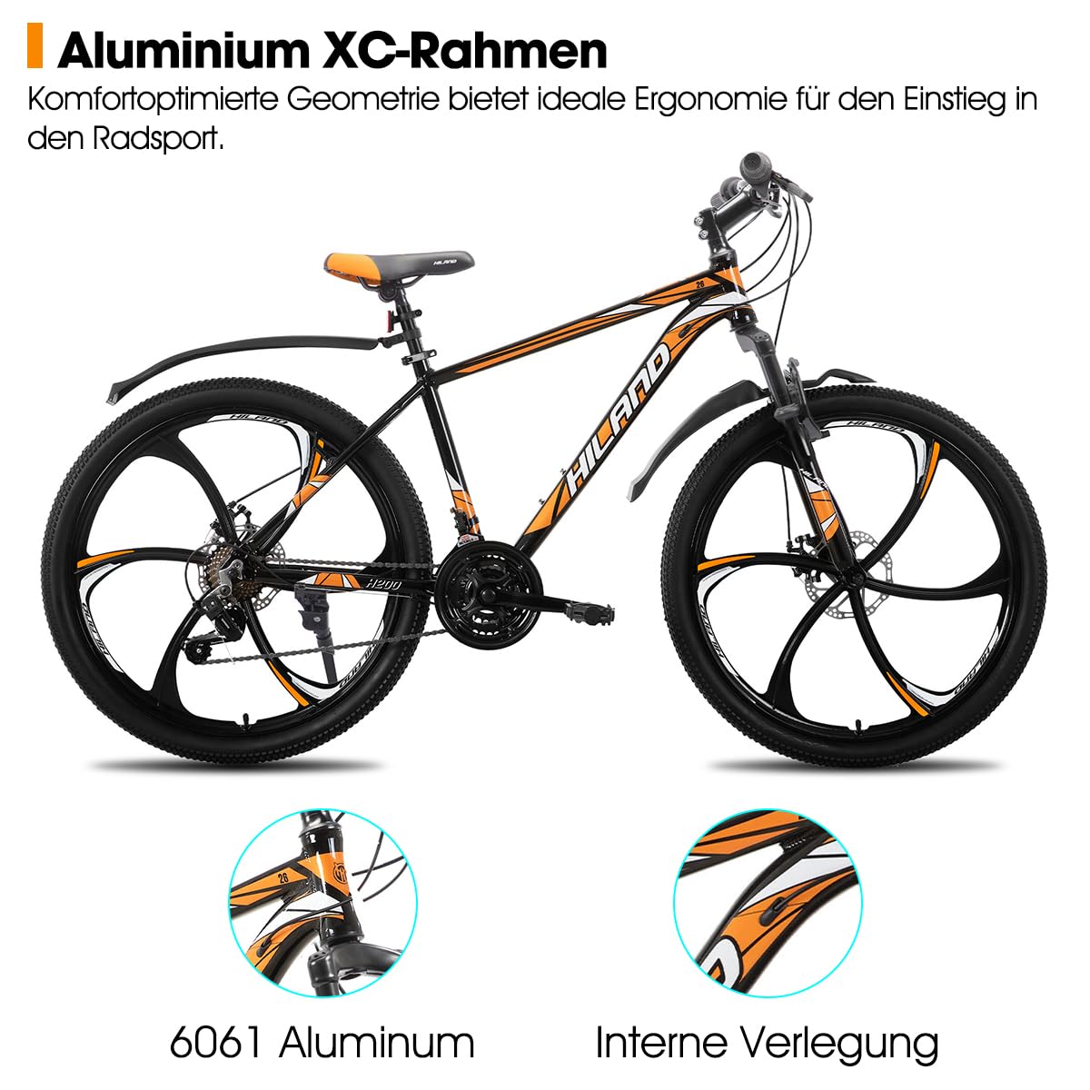 Hiland Mountain Bike 26 Pollici per Adulto 3/6 Raggi 18 Marce Uomo Donna Mountain Bike con Freno a Doppio Disco 26" MTB Telaio Alluminio Bicicletta， Nero e Rosso/Arancio/Nero e Blu/Bianco