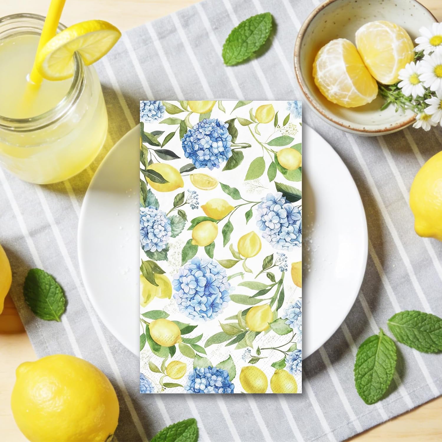 JarThenaAMCS 100 Pcs Lemon Hydrangea Guest Napkins Spring Summer Disposable Paper Napkin Fruit Floral Dinner Hand Towels for Summer Party Bathroom Tableware Supplies