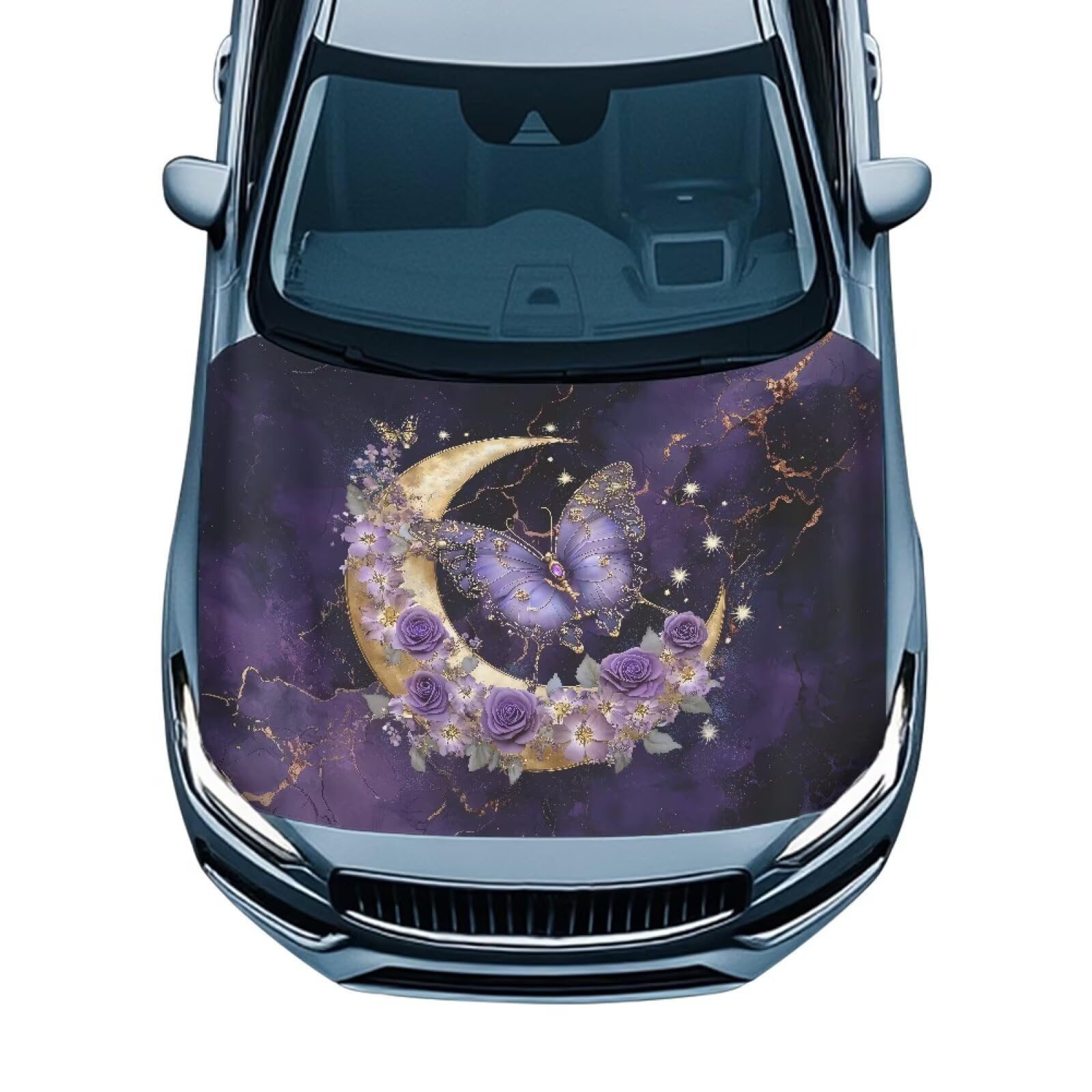 Universal Car Hood Cover Waterproof Moon Purple Butterfly Car Hood Cover Protector for Automobiles Outdoor Indoor for All Season