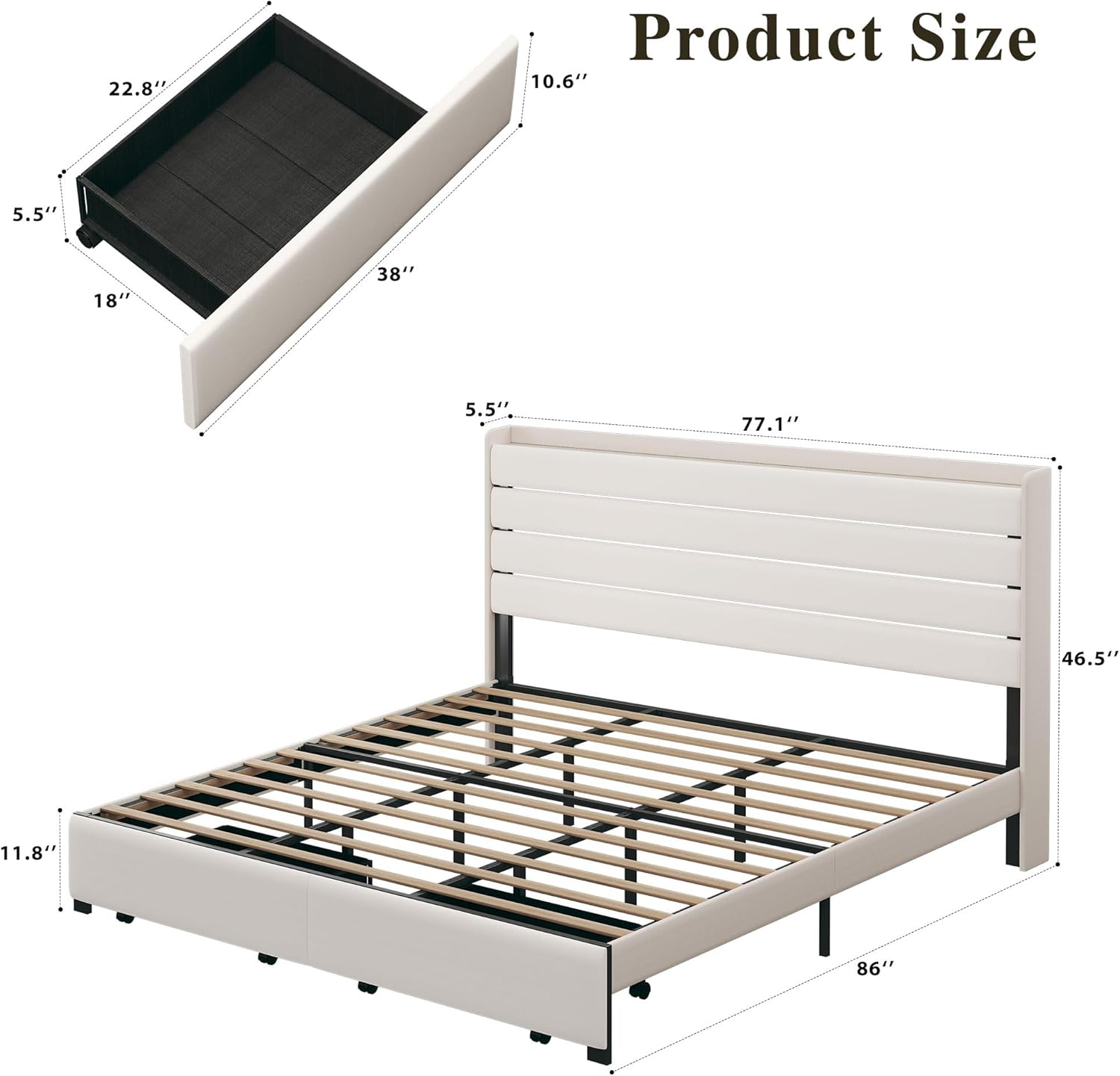King Bed Frame with 2 Storage Drawers, Velvet Upholstered Bed Frame King Size Upholstered Headboard with LED Light & Charging Station, Platform Bedframe with Metal Slats, No Box Spring Needed, White