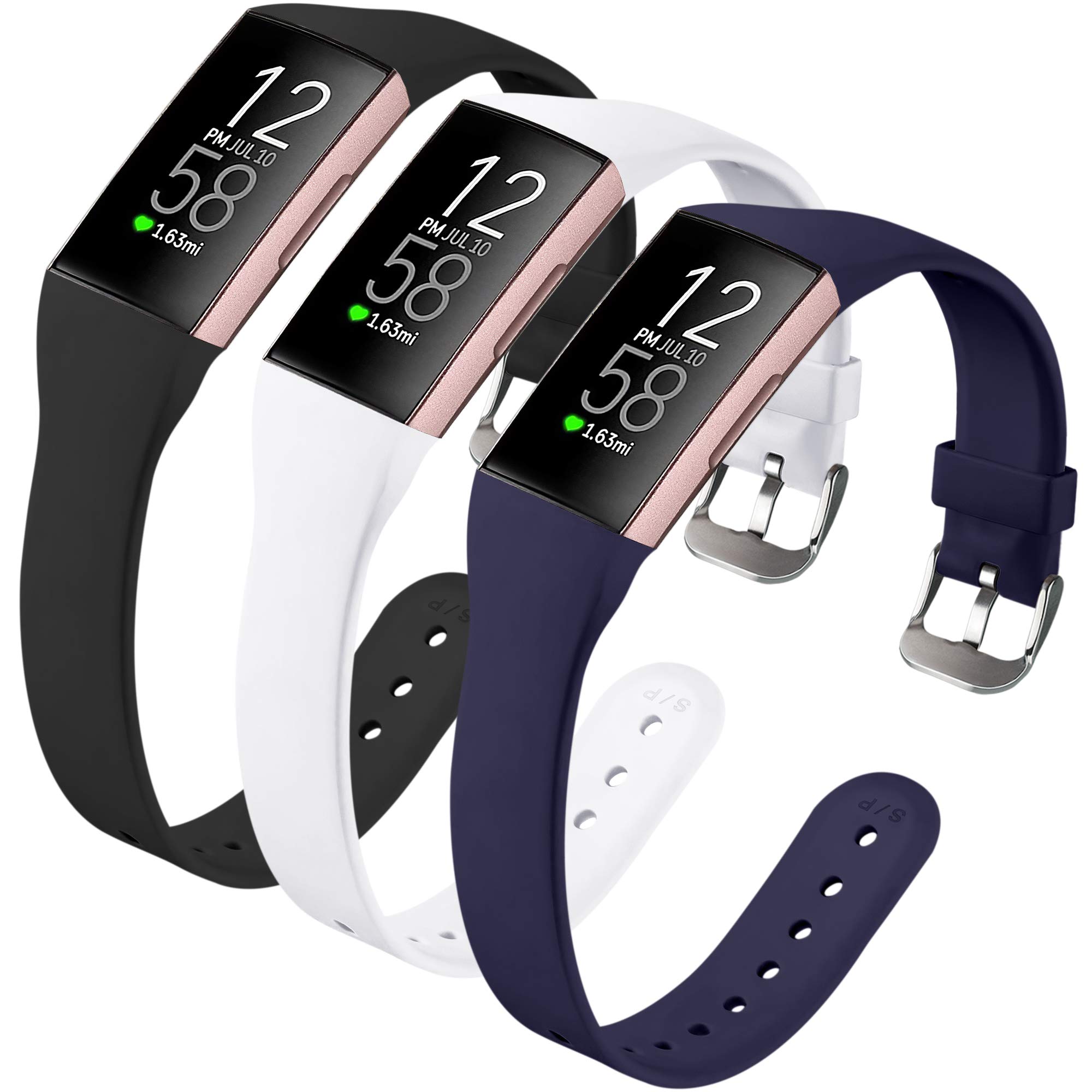 [3 pack] Slim Bands Compatible for Fitbit Charge 4/Charge 3/Charge 3 SE, Soft Silicone Replacement Wristbands for Women Men, Small (Black/White/Darkblue)