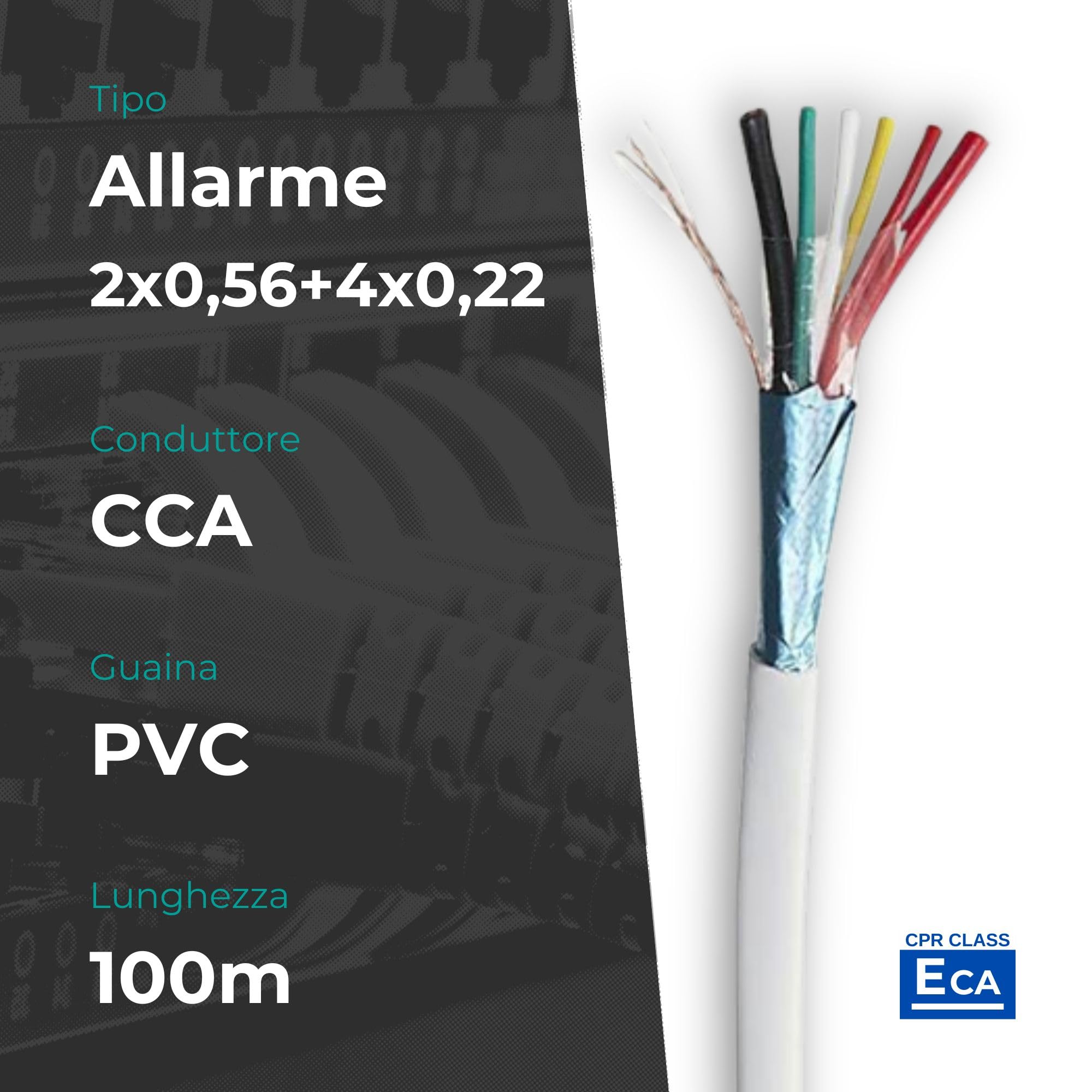 Cavo Allarme 100m CCA 2x0,5 + 4x0,22 mm, PVC Bianco, CPR Eca per Impianti Antintrusione e Videosorveglianza (CM-ALR24TSP100W)