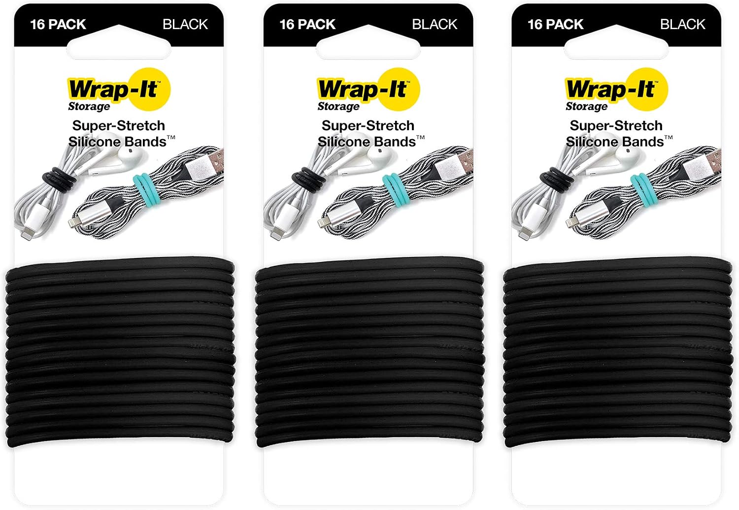Wrap-It Storage Super-Stretch Silicone Bands – Black (48 Pack) – Great for Cord Wraps and Organizers, Hair Ties, Rubber Band Alternative