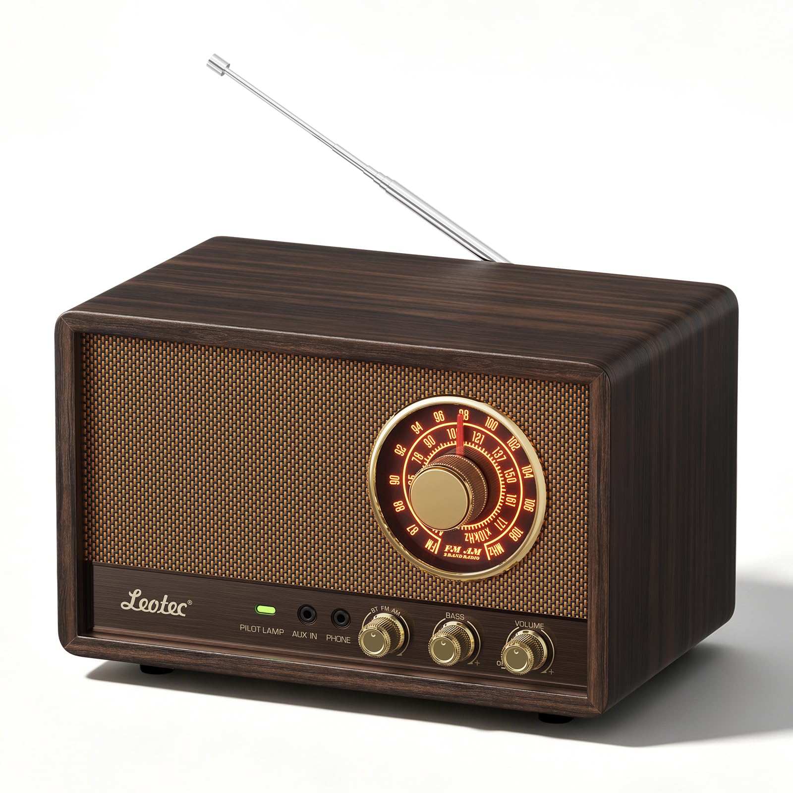 LEOTEC AM FM radio, retro wooden table radio, portable Bluetooth speaker, wall socket, best reception with AUX, headphone jack, ideal for home, in the last air-image-5