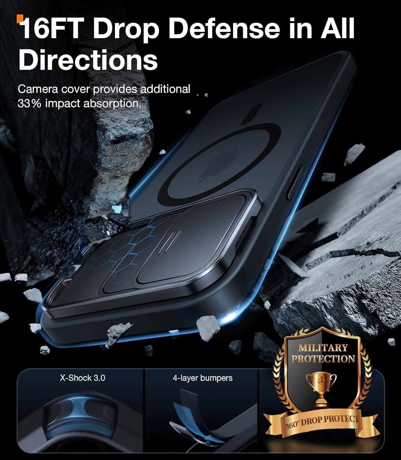 TORRAS for iPhone 15 Pro Max Case with Slide Camera Cover & Rotatable Kickstand, Magnetic Shockproof, Military Grade Drop Protection, Fit for MagSafe, Anti-Scratch Anti-Fingerprint, Translucent Black - Image 6