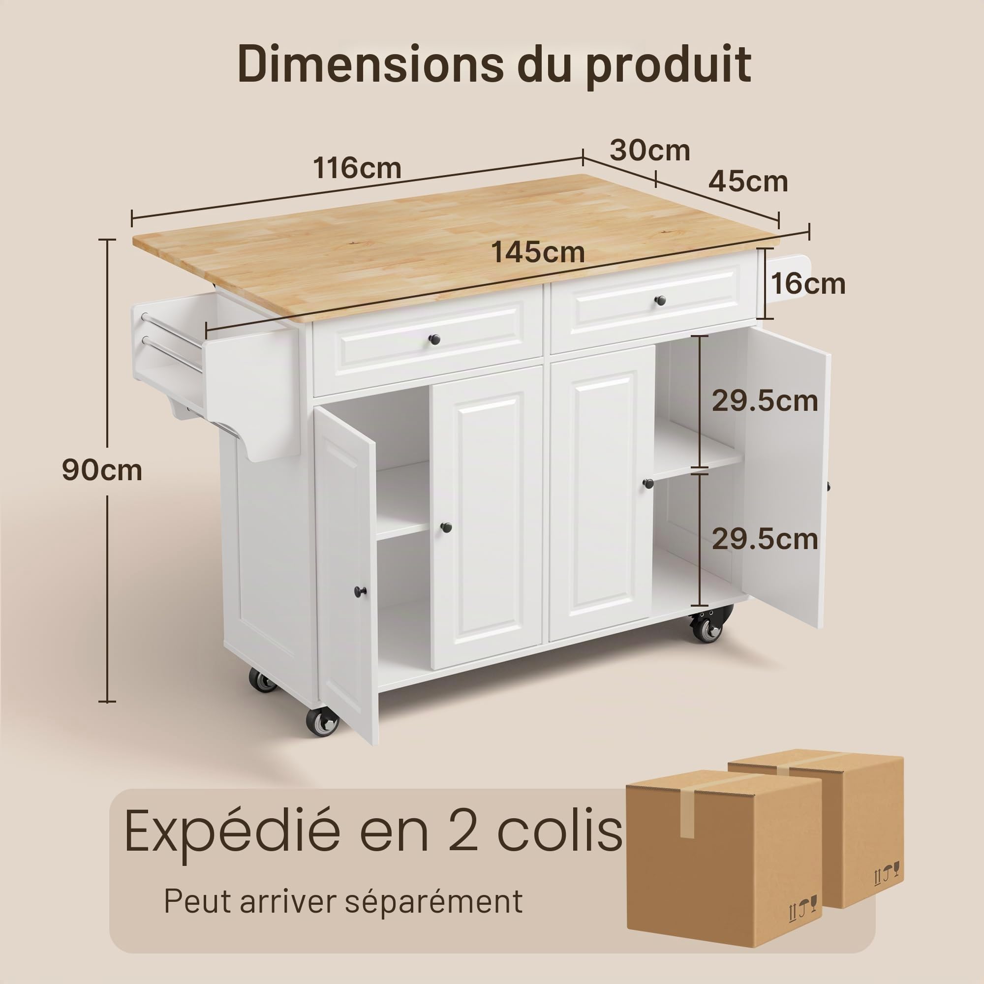 Xbro Îlot de Cuisine Mobile 145x75x90 cm sur roulettes, Chariot avec Tiroirs et Armoires, Plan de Travail en Bois, Meuble de Rangement pour Espace Restreint (Blanc)