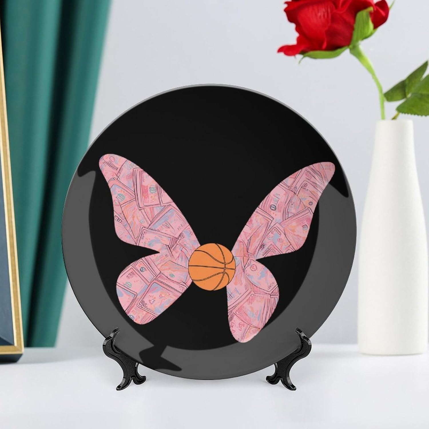Butterflies Banknotes Basketball Decorative Plates for Display Ceramic Plate Tray with Stand Hanger Home Decor