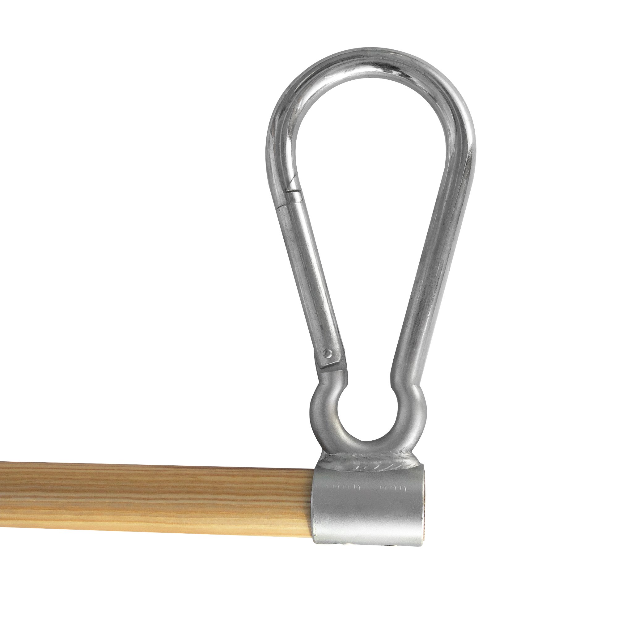 Trapezstange aus Holz 75 cm – mit fest verschweißten großen Karabinerhaken (20 × 10 cm) – Turnstange für Kinder & Erwachsene – ideal zum Einhängen in Turnringe – Belastbar bis 80 kg
