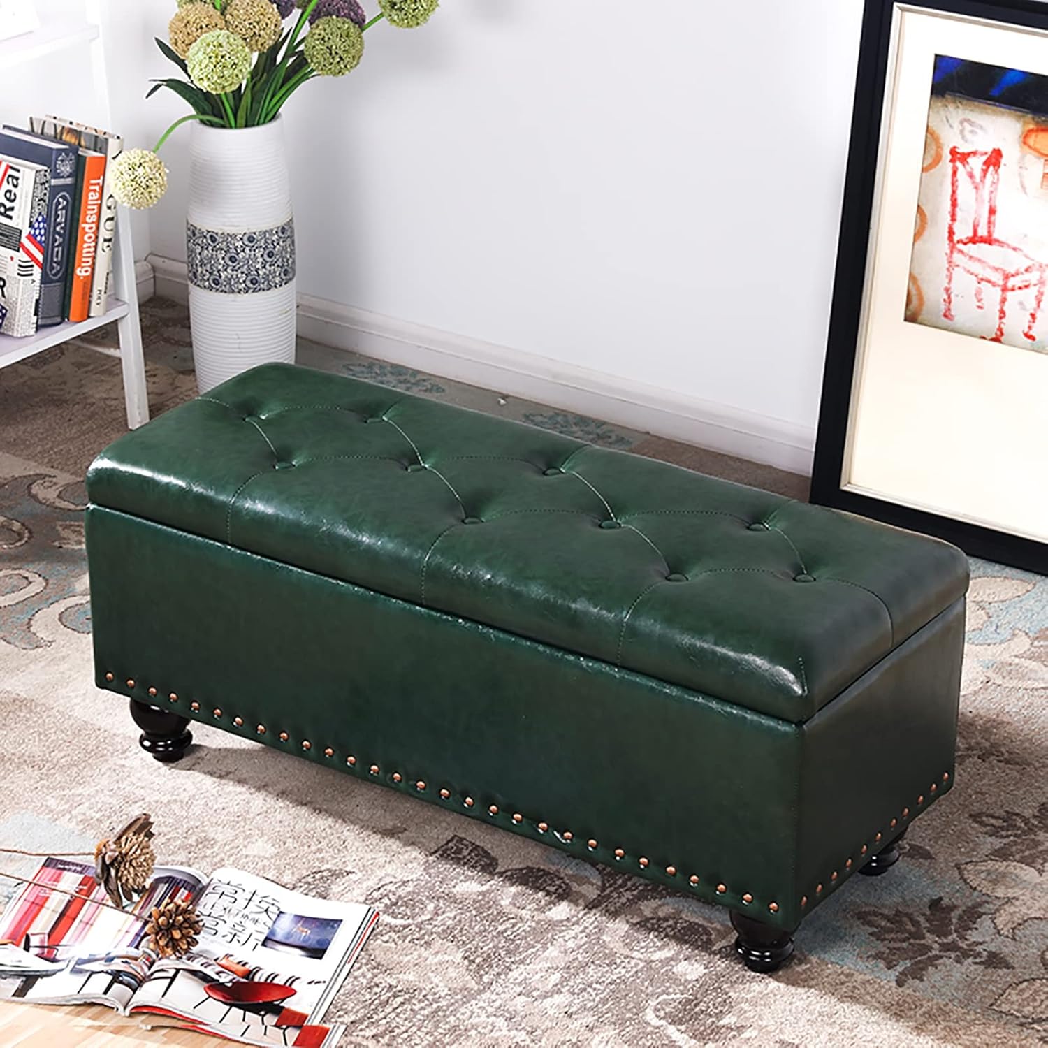 Footstool Faux Leather Bench with Lid Storage Boxes Footrest Stool Storage Bench Decorative Furniture for Living Room Entryway R 100x40x43cm(39x16x17inch)