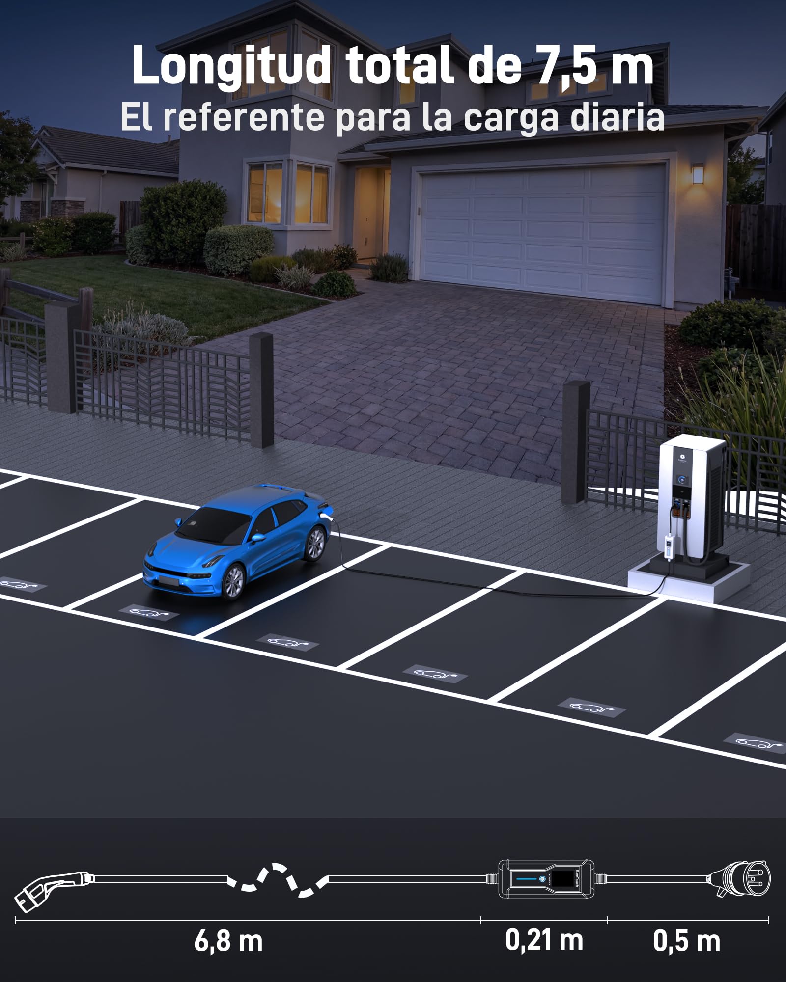 Cargador EV (3,7 kW, 16 A, 7,5 m) | CEE Azul Camping 16A a Tipo 2 | Monofásico | IP67 | 6–16 A | Timer + inicio diferido | LCD 2,4" | RCD CA/CC | Cable Modo 2 / wallbox móvil | para VE y PHEV