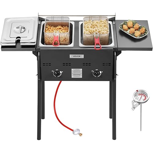 VEVOR Outdoor Propane Deep Fryer, Double Burners Commercial Fryer, 16 Qt Stainless Steel Cooker with Removable Baskets & Lids & Tanks, Oil Fryer Cart with Thermometer & Regulator, For Outdoor Cooking