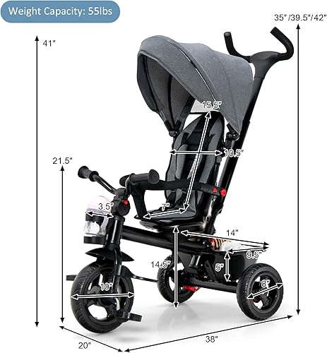 Miniatura 7 de BABY JOY Triciclo, bicicleta 5 en 1 para niños pequeños con mango de empuje extraíble, asiento reversible, rueda de EVA, toldo ajustable, portavasos