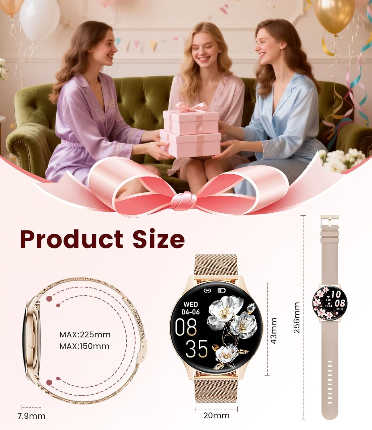 Diagram showing the dimensions of the smartwatch, including dial diameter, strap length, and thickness.