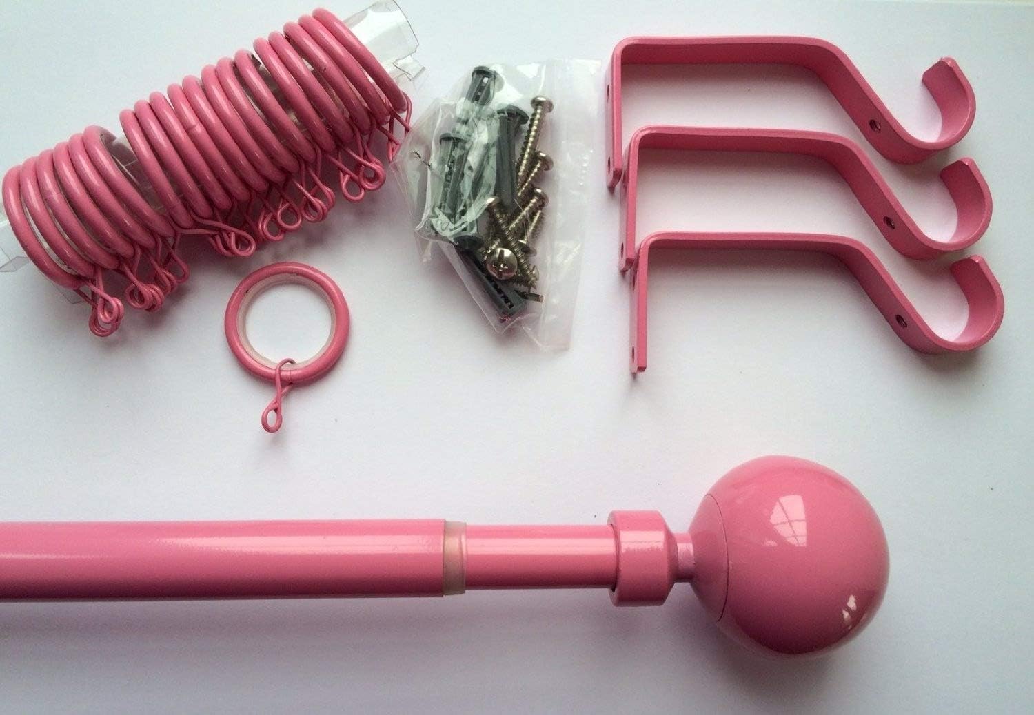 ABC Decor, PINK extendable 125cm-216cm (16/19mm diameter) metal curtain pole. Complete childrens bedroom pole set with Ball Finials