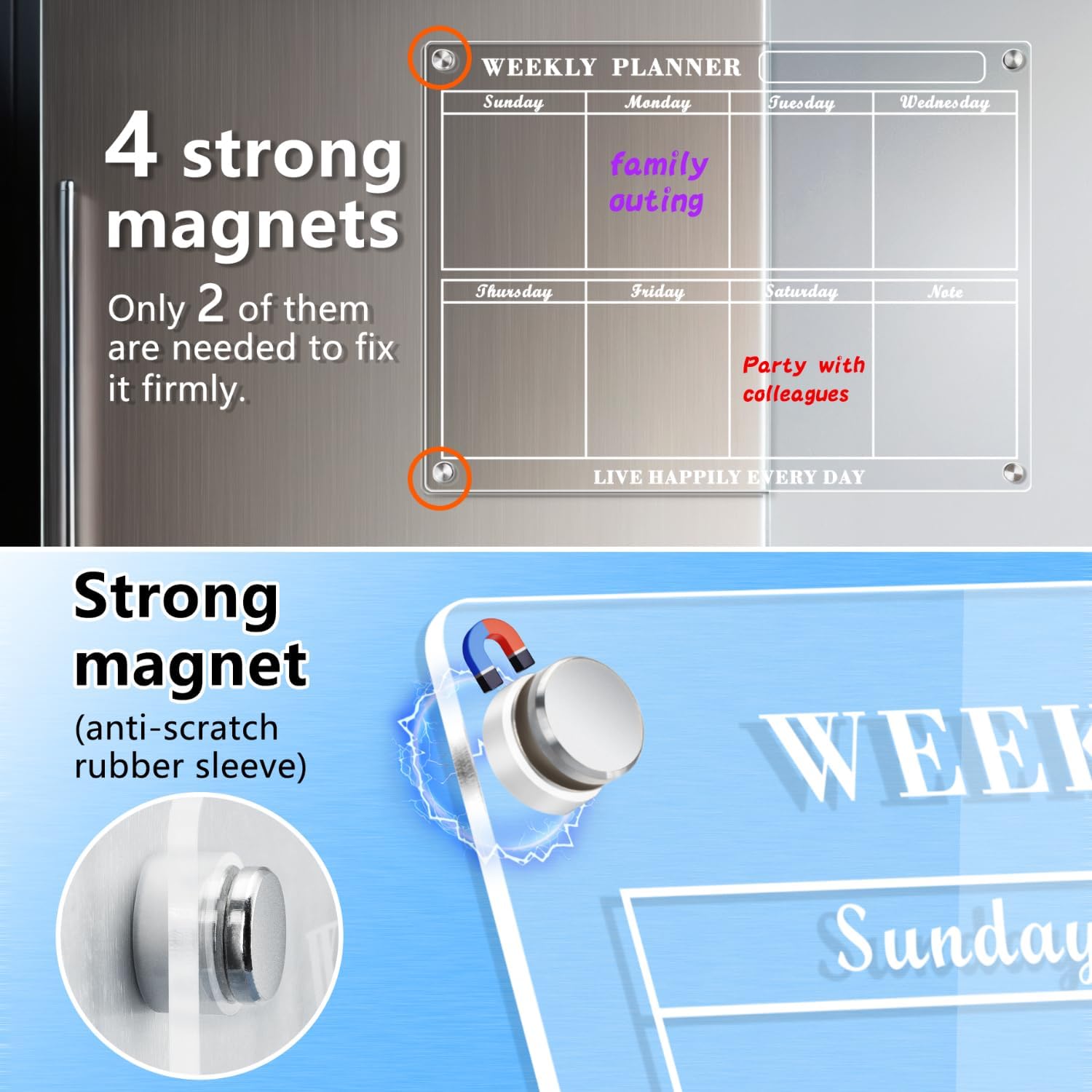 Acrylic Magnetic Dry Erase Fridge Calendar, 2 Pcs, Clear Monthly Weekly thumbnail