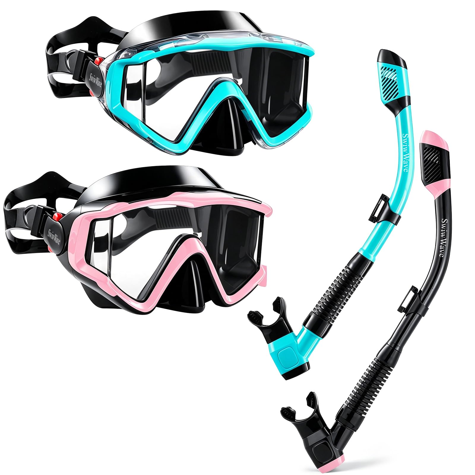 SwiwWave Schnorchelset Erwachsene 2 Stück mit Taucherbrille und Schnorchel | 180° Panorama Sichtfeld Anti-Fog Anti-Leck Tauchmaske aus Gehärtetem Glas