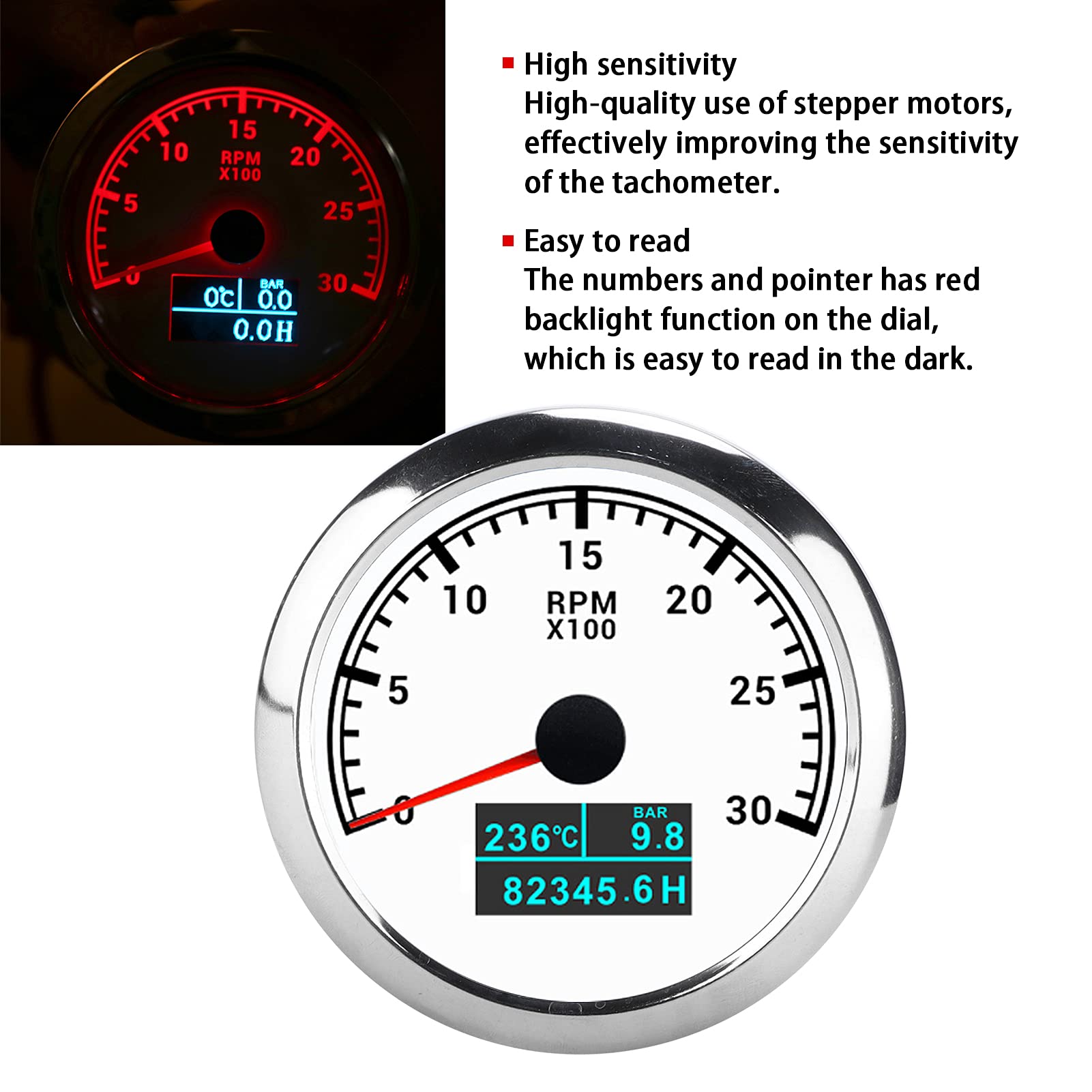 Tacómetro de Puntero, Tacómetro RPM de Acero Inoxidable ABS RPM RPM Instalación Fácil para la Modificación del Automóvil Barcos de Automóvil (esfera blanca)