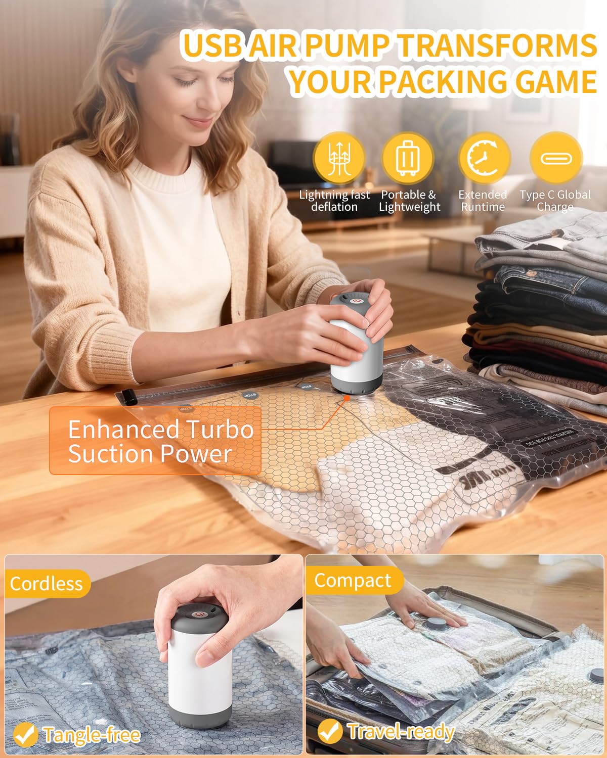 Lot de 15 sacs de rangement sous vide pour voyage avec pompe à air à double usage, sacs de compression sous vide pour vêtements, valises, essentiels de voyage pour la rentrée scolaire, l'université
